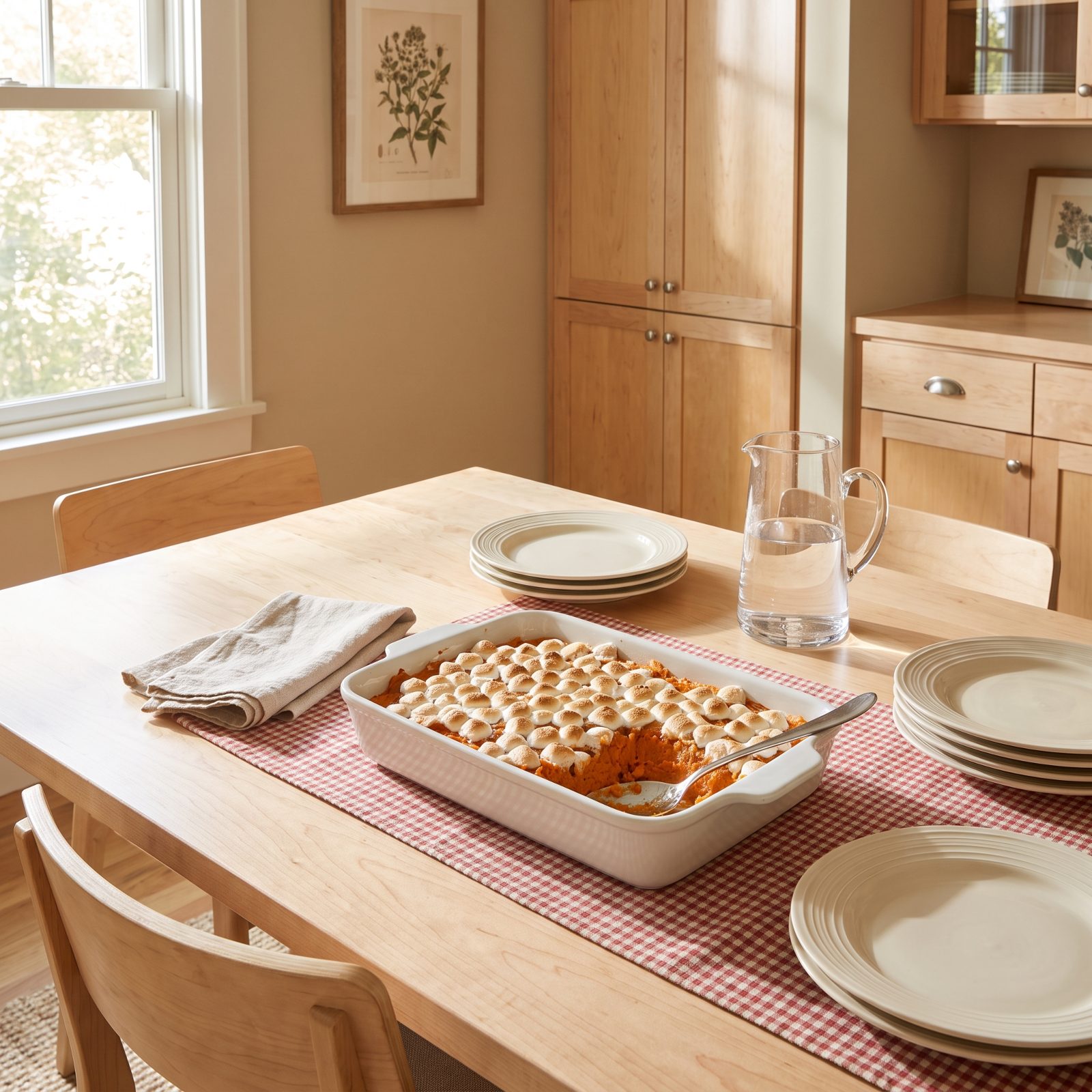 Dining table with a sweet potato casserole topped with browned marshmallows in a white baking dish, serving spoon resting