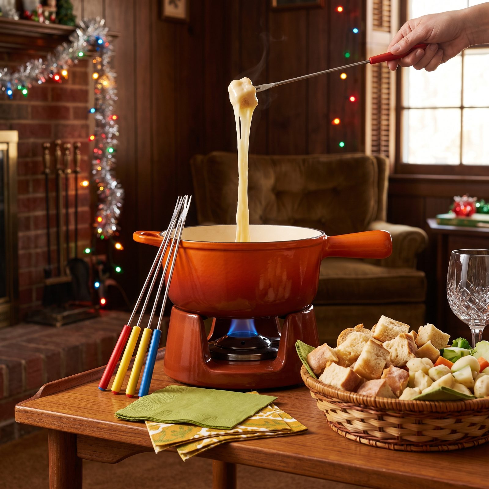 Swiss Cheese Fondue With a Basket of Bread Cubes and Long Forks