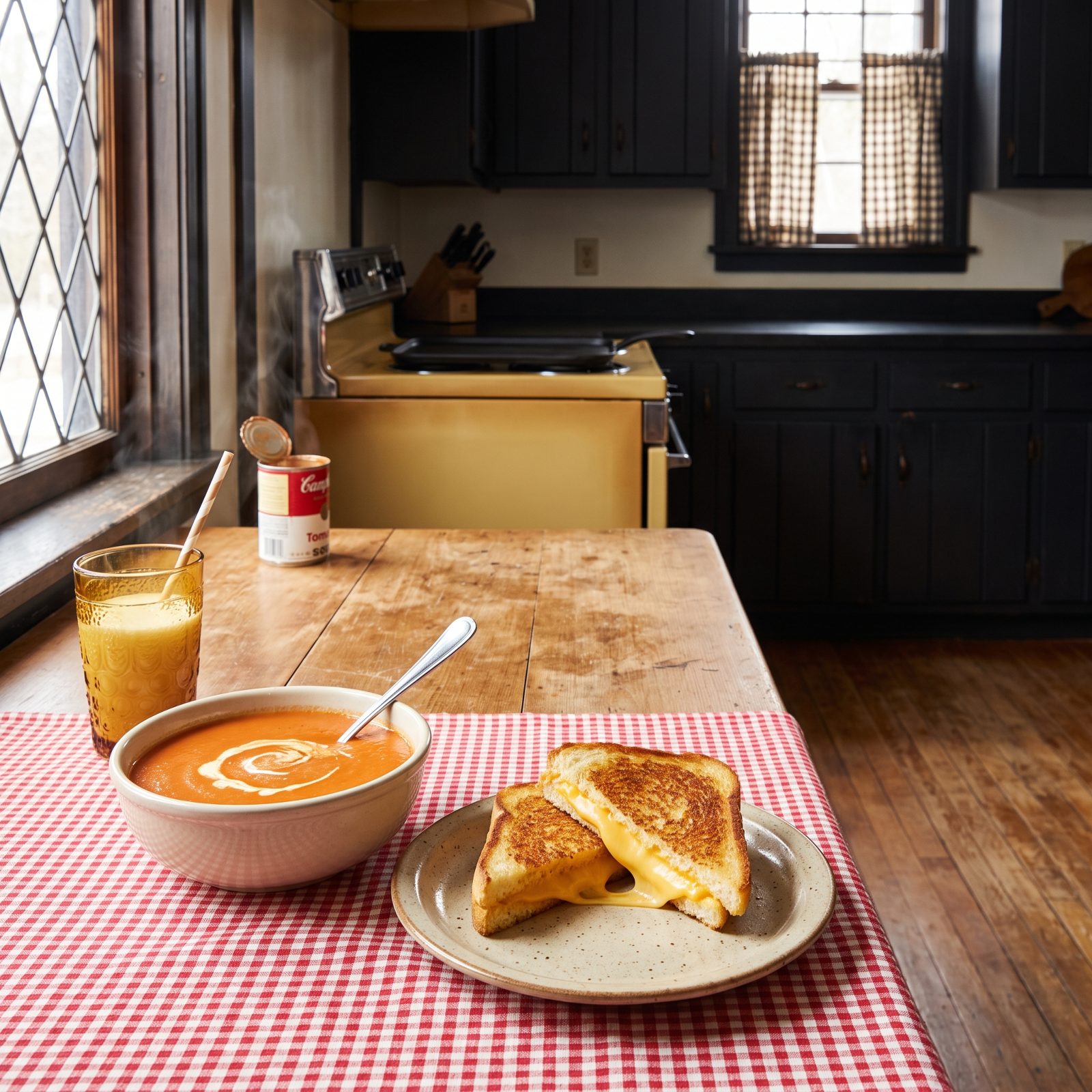 Tomato Soup and a Grilled Cheese Cut Corner to Corner