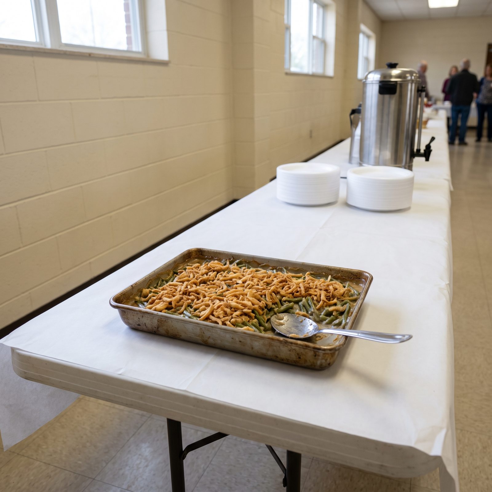 Church-basement buffet table with a metal 9x13 pan of green bean casserole topped with fried onions, serving spoon inside.