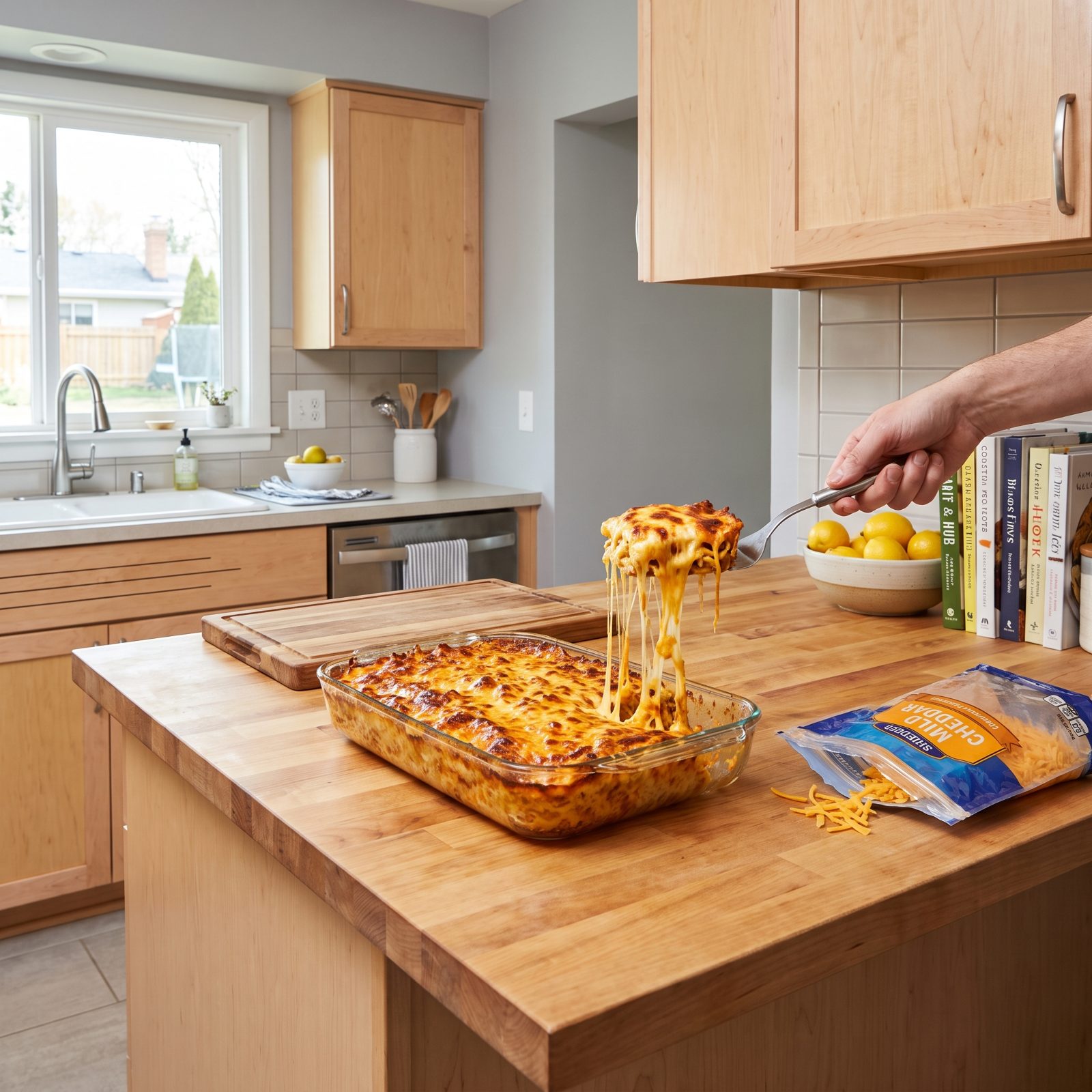Kitchen counter with a cheesy pasta casserole and one square lifted on a spatula showing stretching cheese.