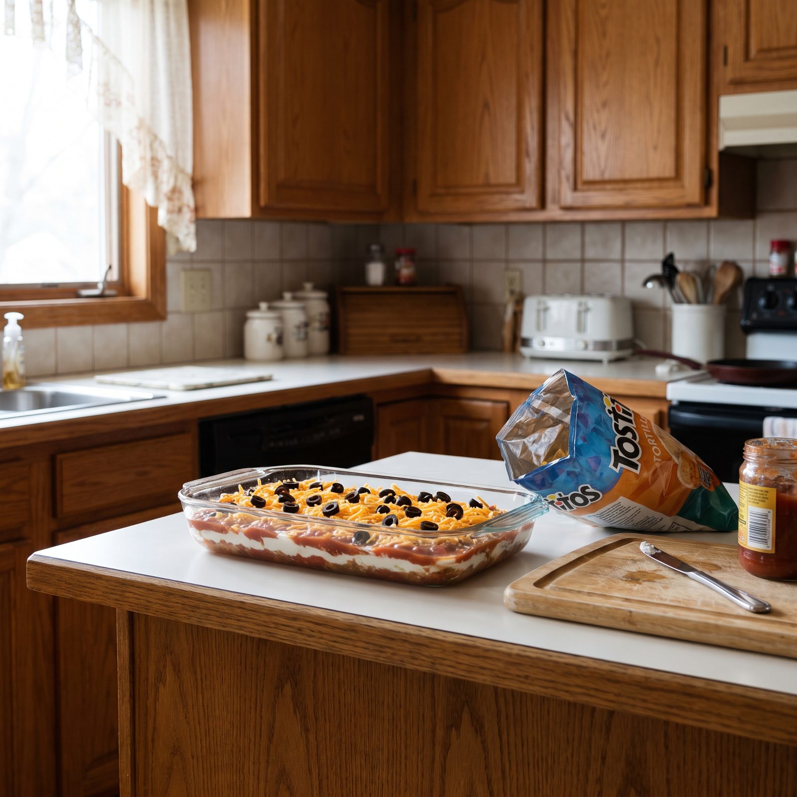 Kitchen counter with a clear glass dish of layered cream-cheese, salsa, cheddar, and olive dip beside an open bag of