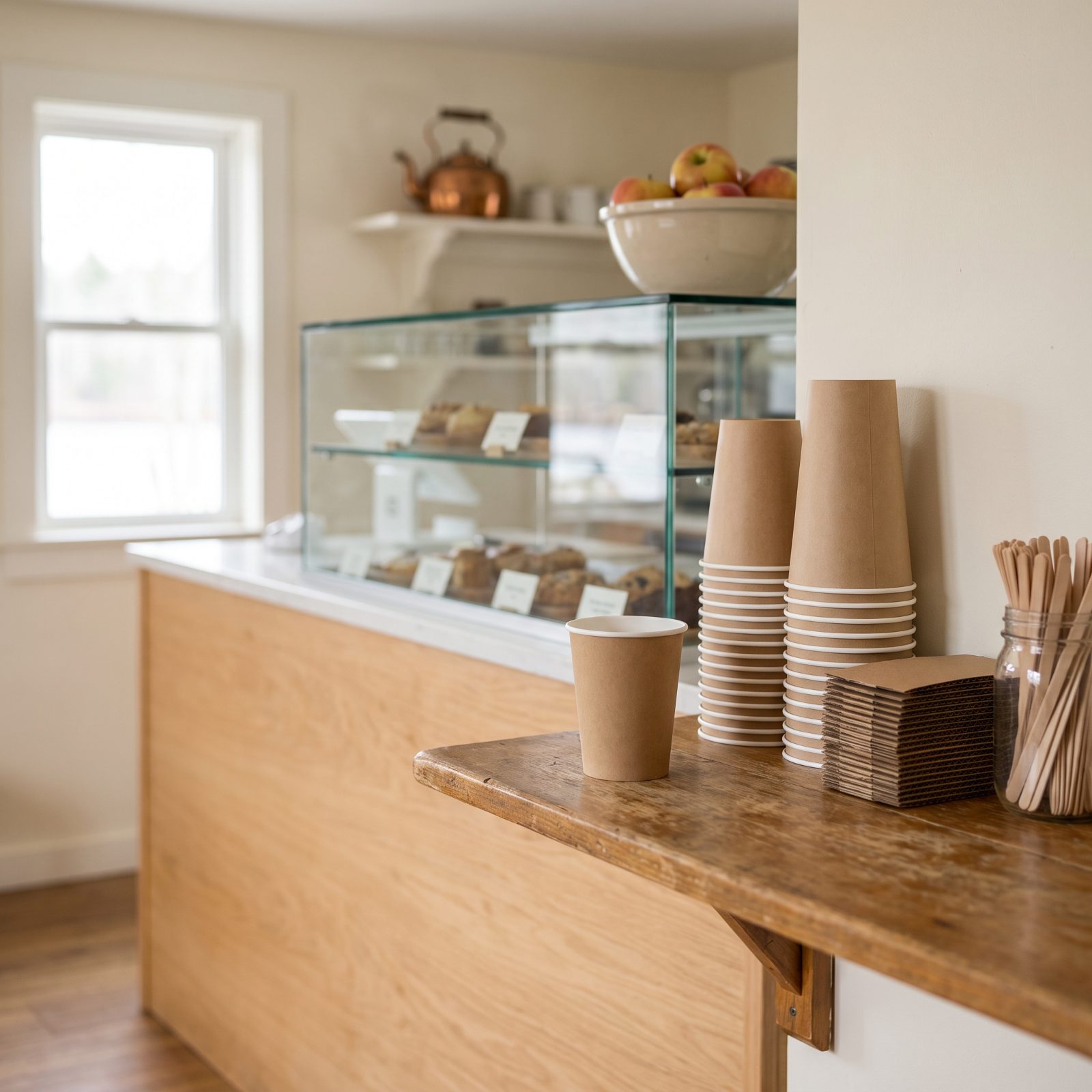 Café counter with a small paper coffee cup next to a row of larger empty cups for size comparison.