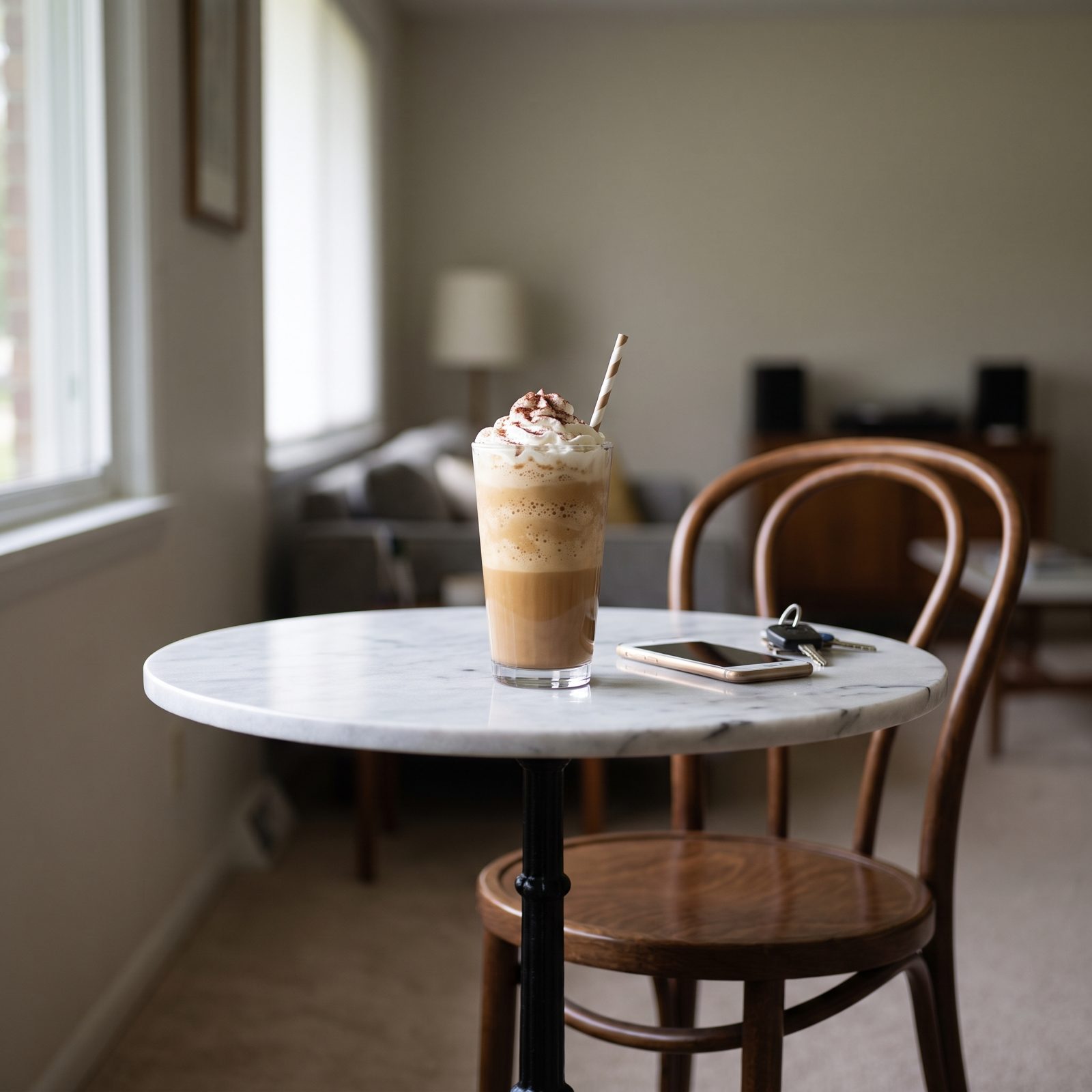 Cafe table with a layered blended coffee drink in a tall glass topped with whipped cream.