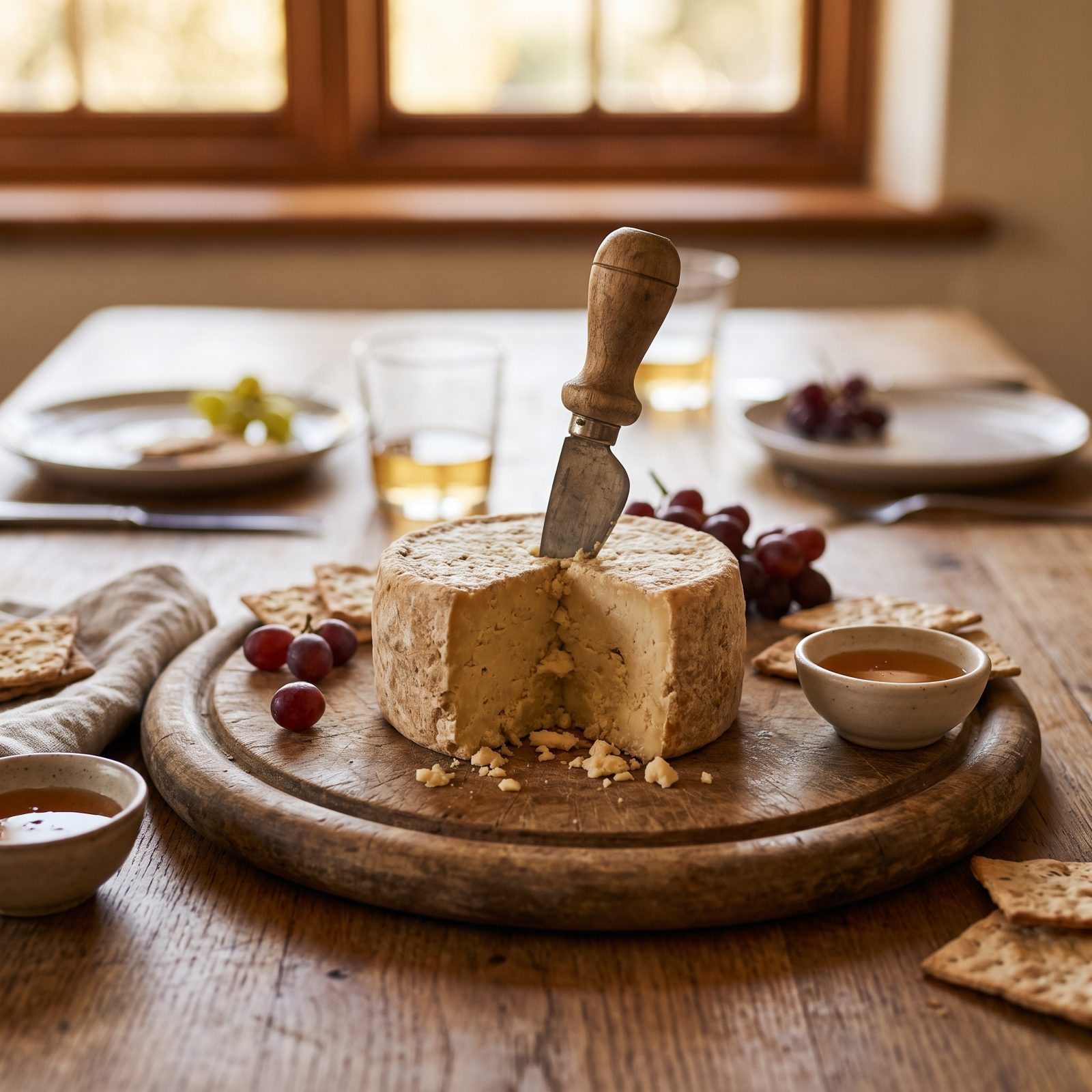 A Wheel of Local Cheese With a Cheese Knife