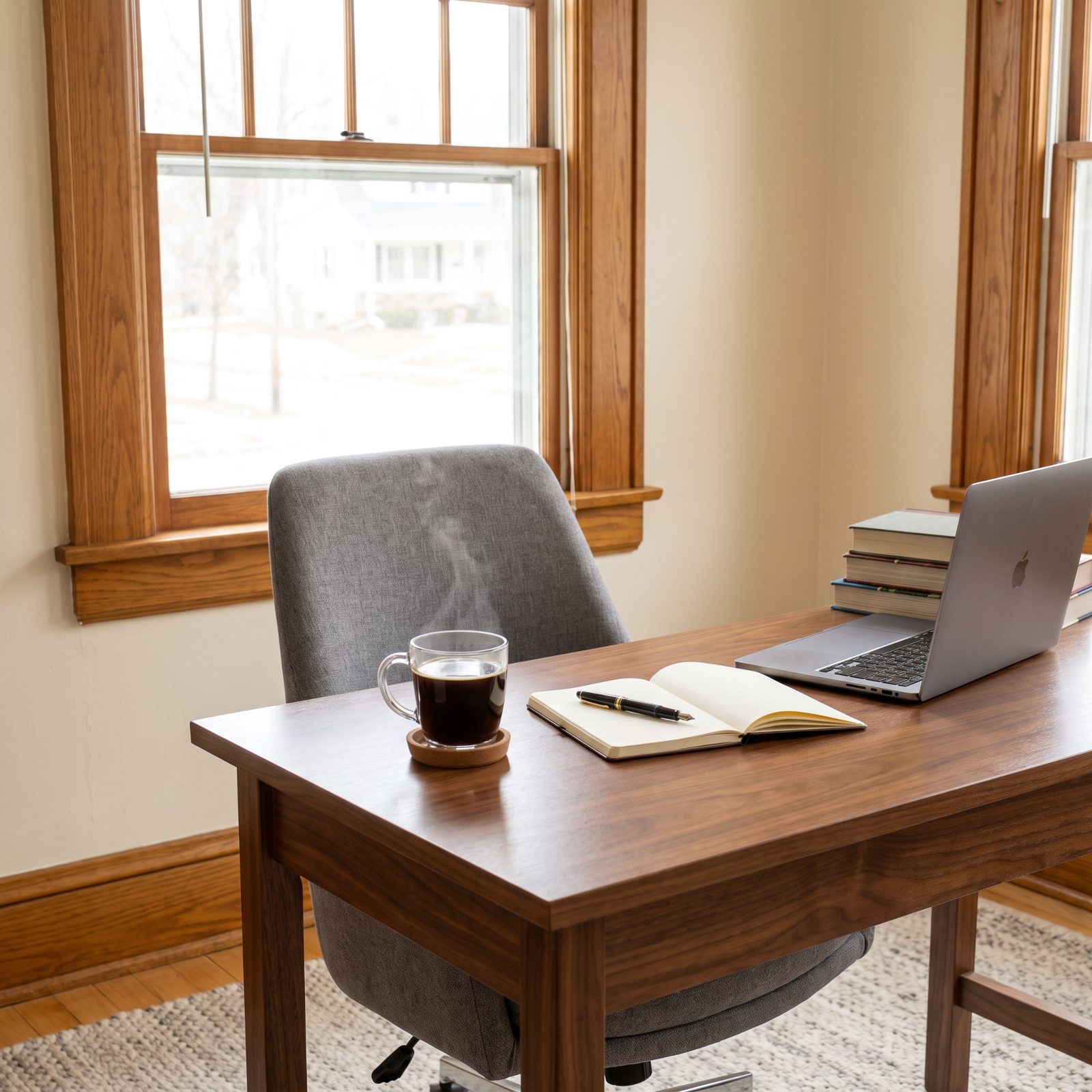 Desk with a clear glass mug of black coffee on a cork coaster beside an open notebook.