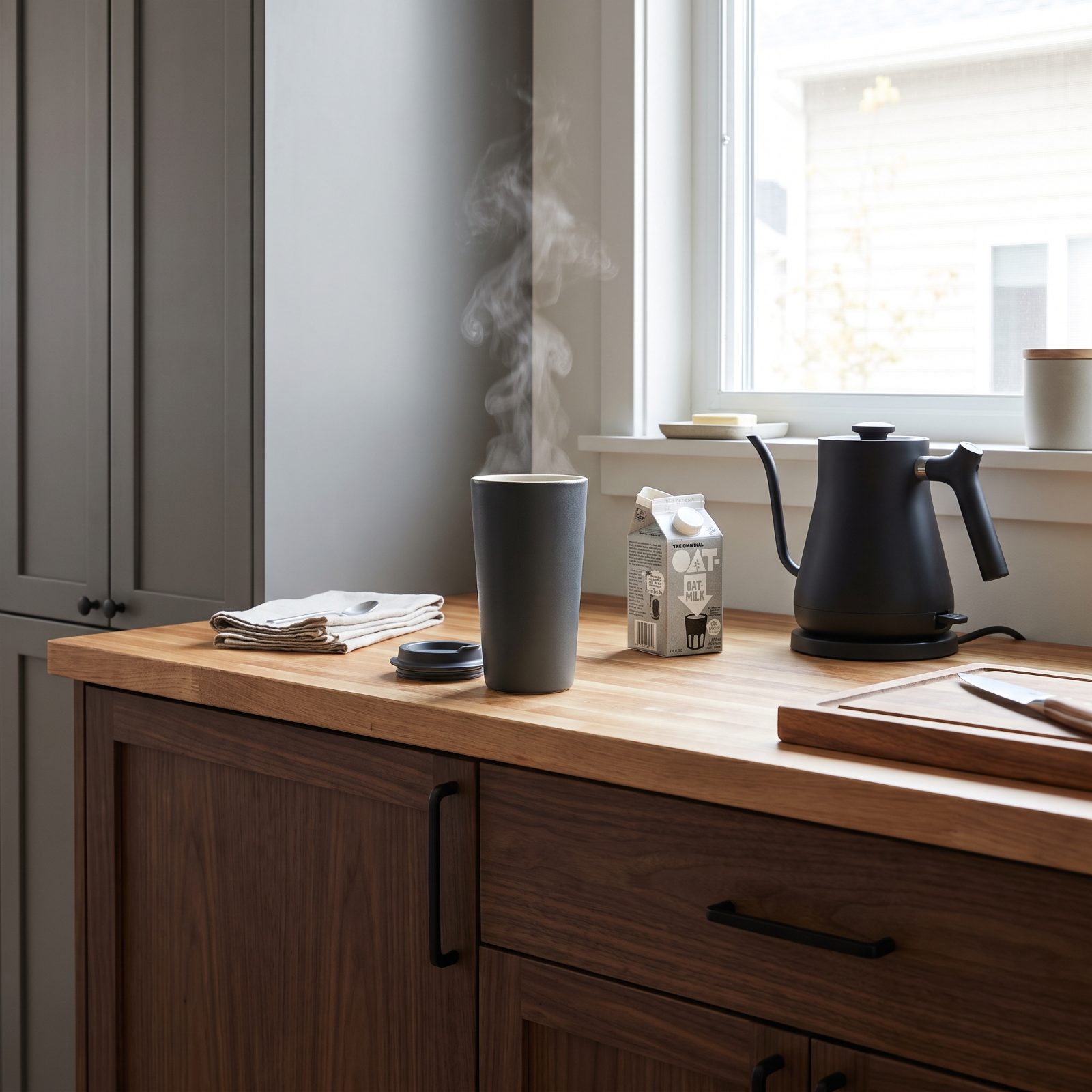 Kitchen counter with a tall gray travel mug of coffee, lid off, steam rising from the top.