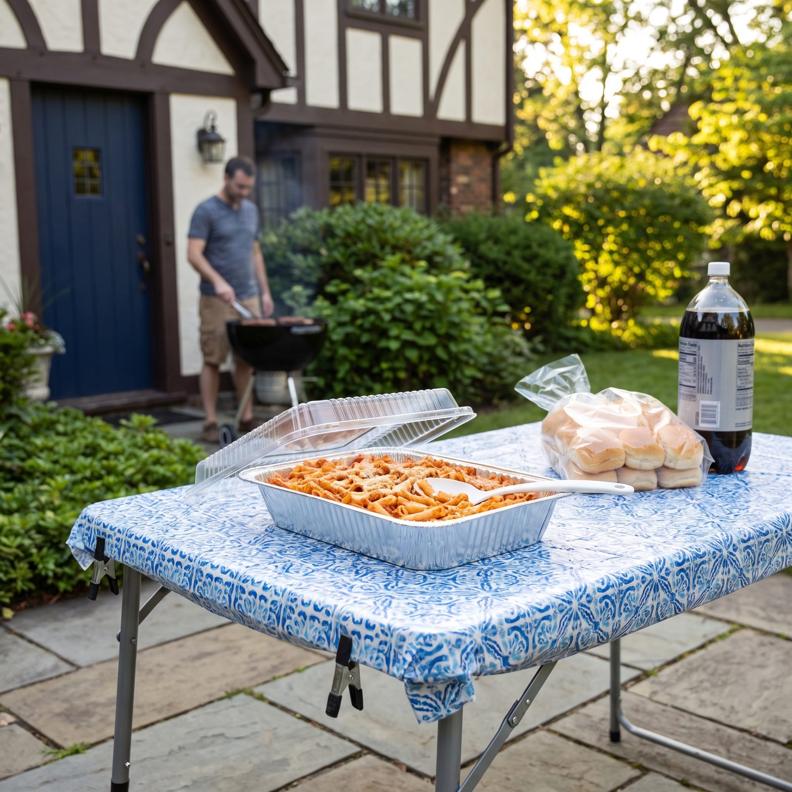 Backyard patio table with a foil takeout pan of pasta bake, plastic lid tilted open and a plastic serving spoon inside.