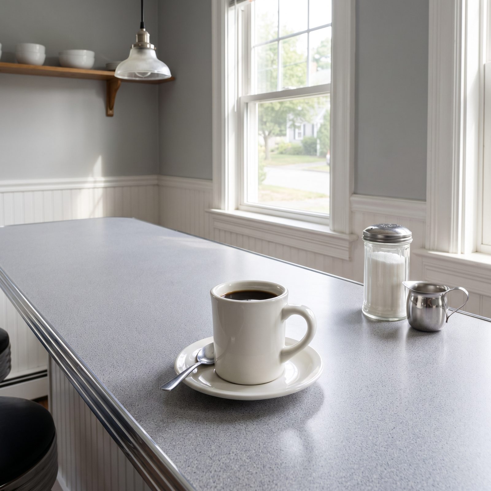 Diner counter with a white mug of black coffee on a saucer, an untouched sugar dispenser and creamer nearby.