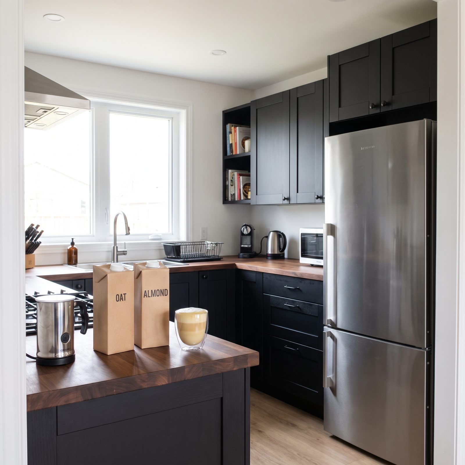 Kitchen counter with two unbranded milk cartons beside a glass cappuccino with thick foam.