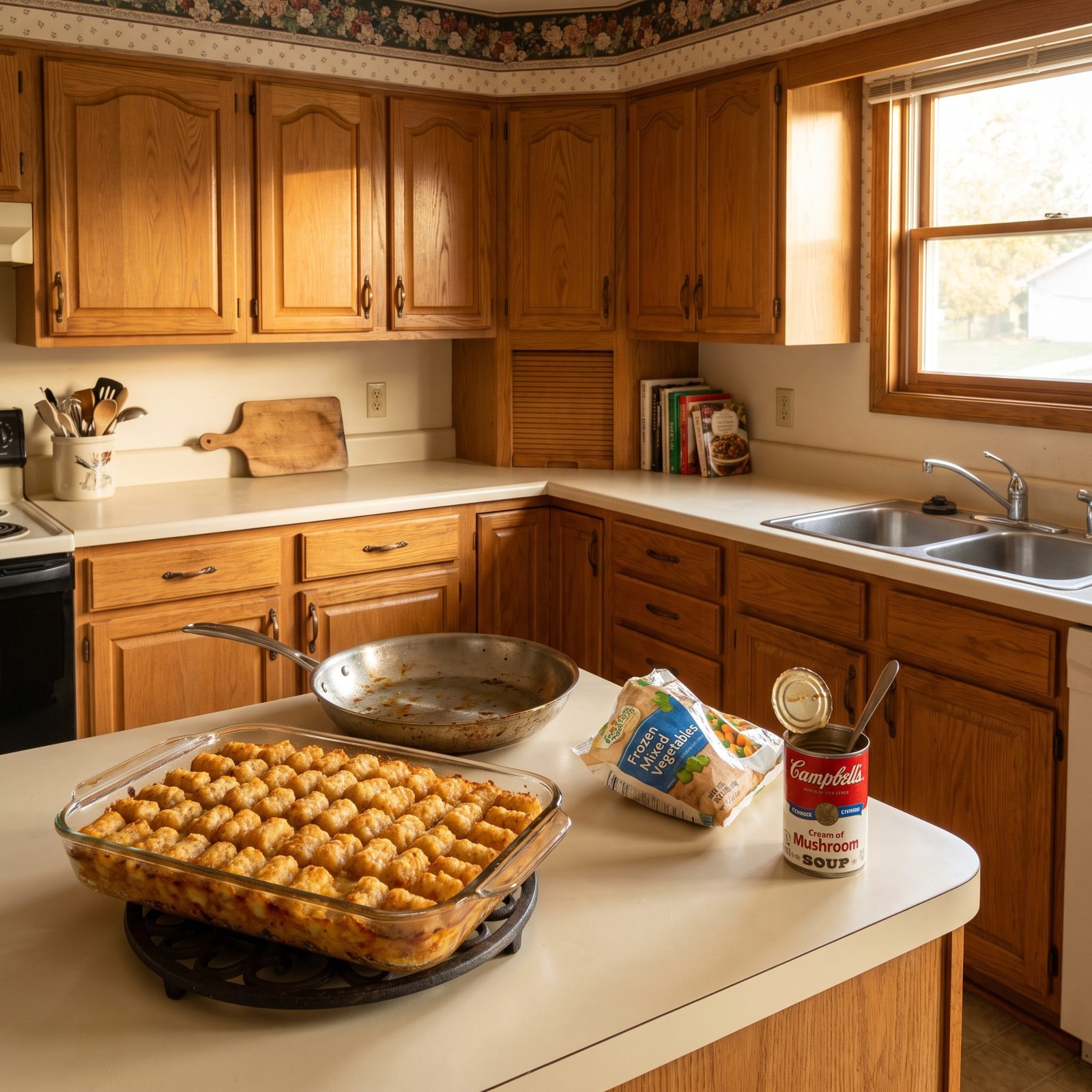 Kitchen counter with a 13x9 baking dish topped edge to edge with baked Tater Tots.
