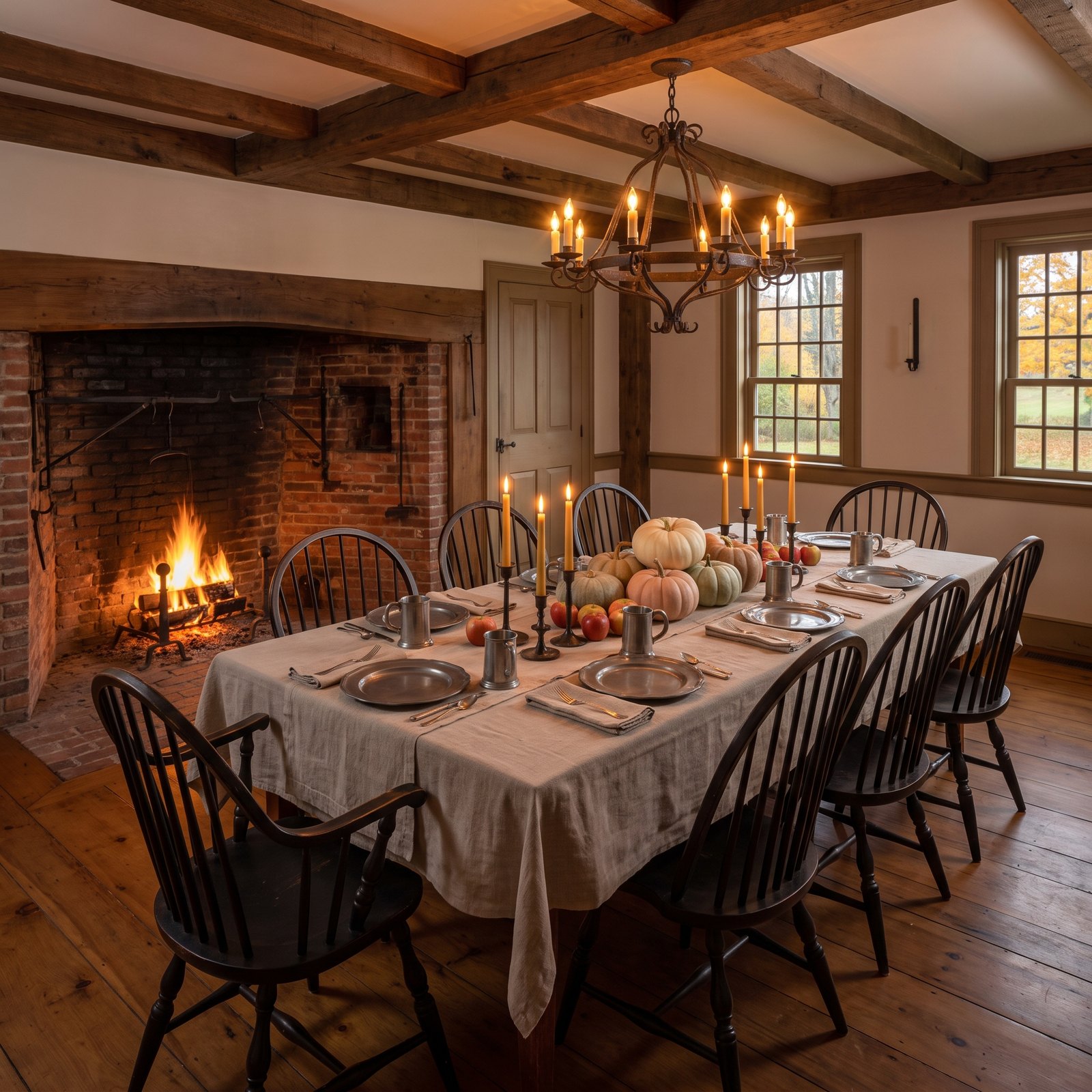 A Colonial Keeping Room Table With Pewter and Pumpkins by the Hearth