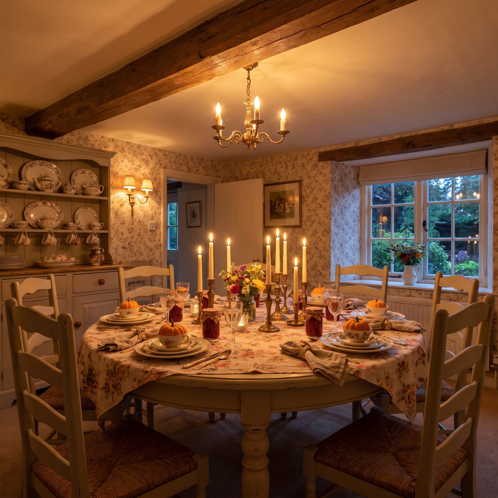 A Cottage Table With Floral Linen, Teacups and Little Pumpkins