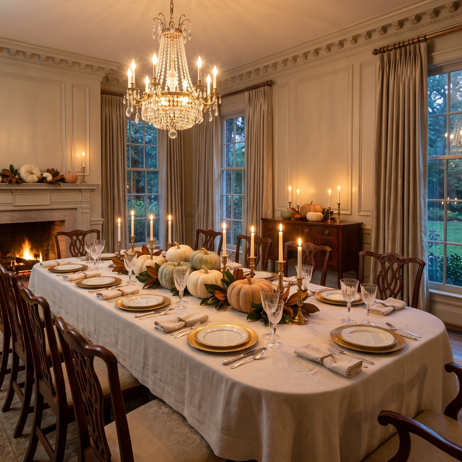 A Formal Dining Room Dressed in Ivory Linen and Heirloom Pumpkins