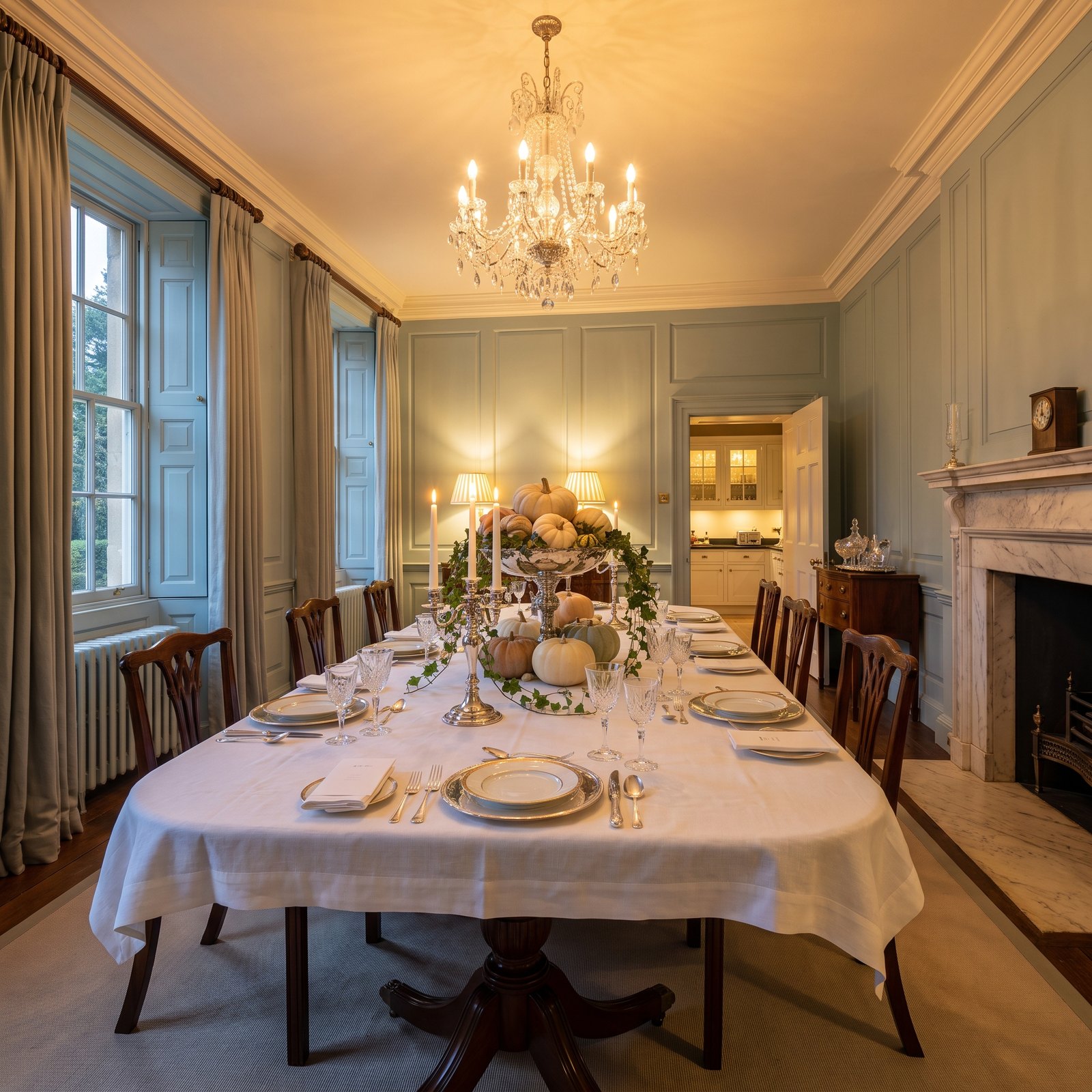 A Georgian Dining Room Set With Silver, Crystal and Heirloom Pumpkins