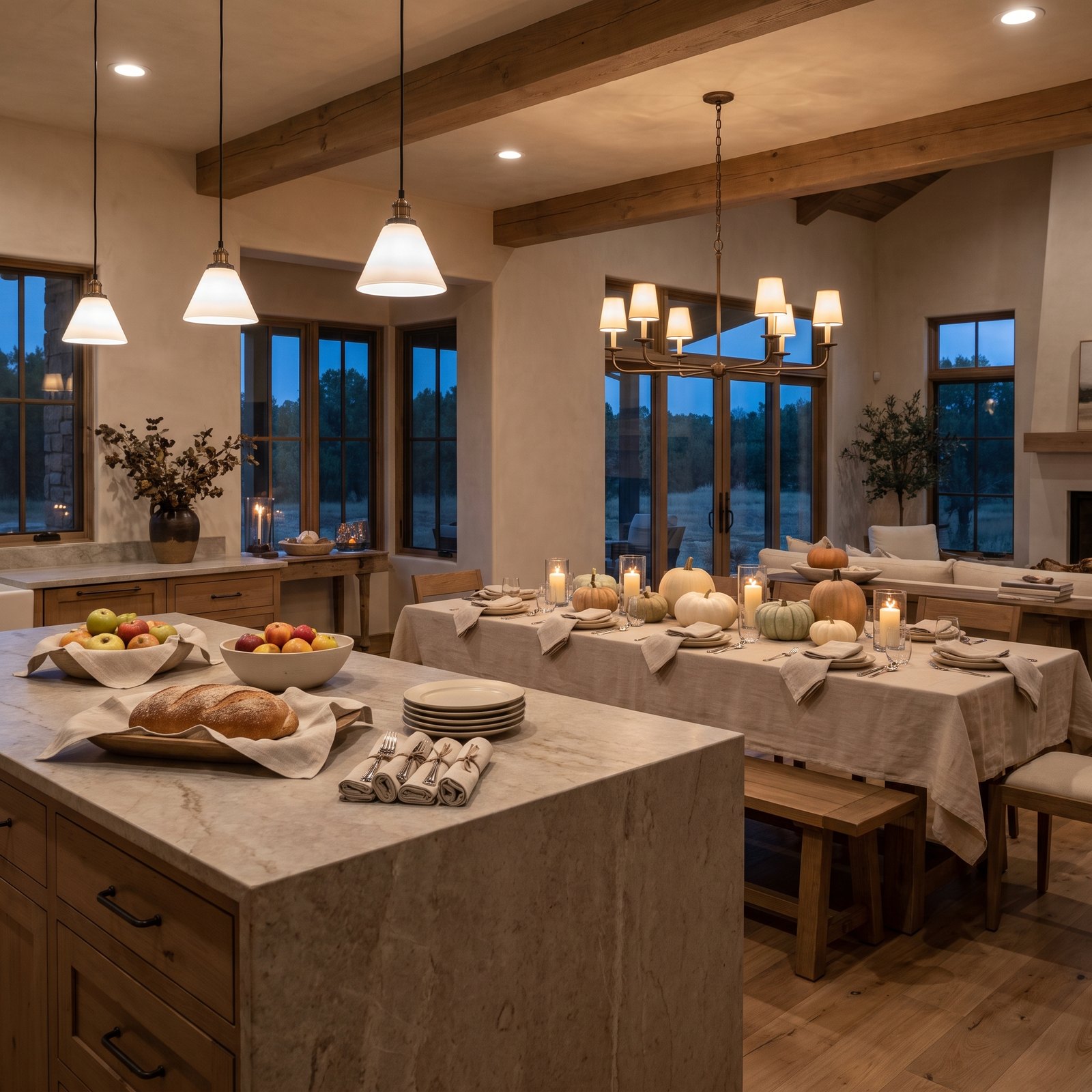 A Kitchen Island Buffet With Linen and a Pumpkin Runner