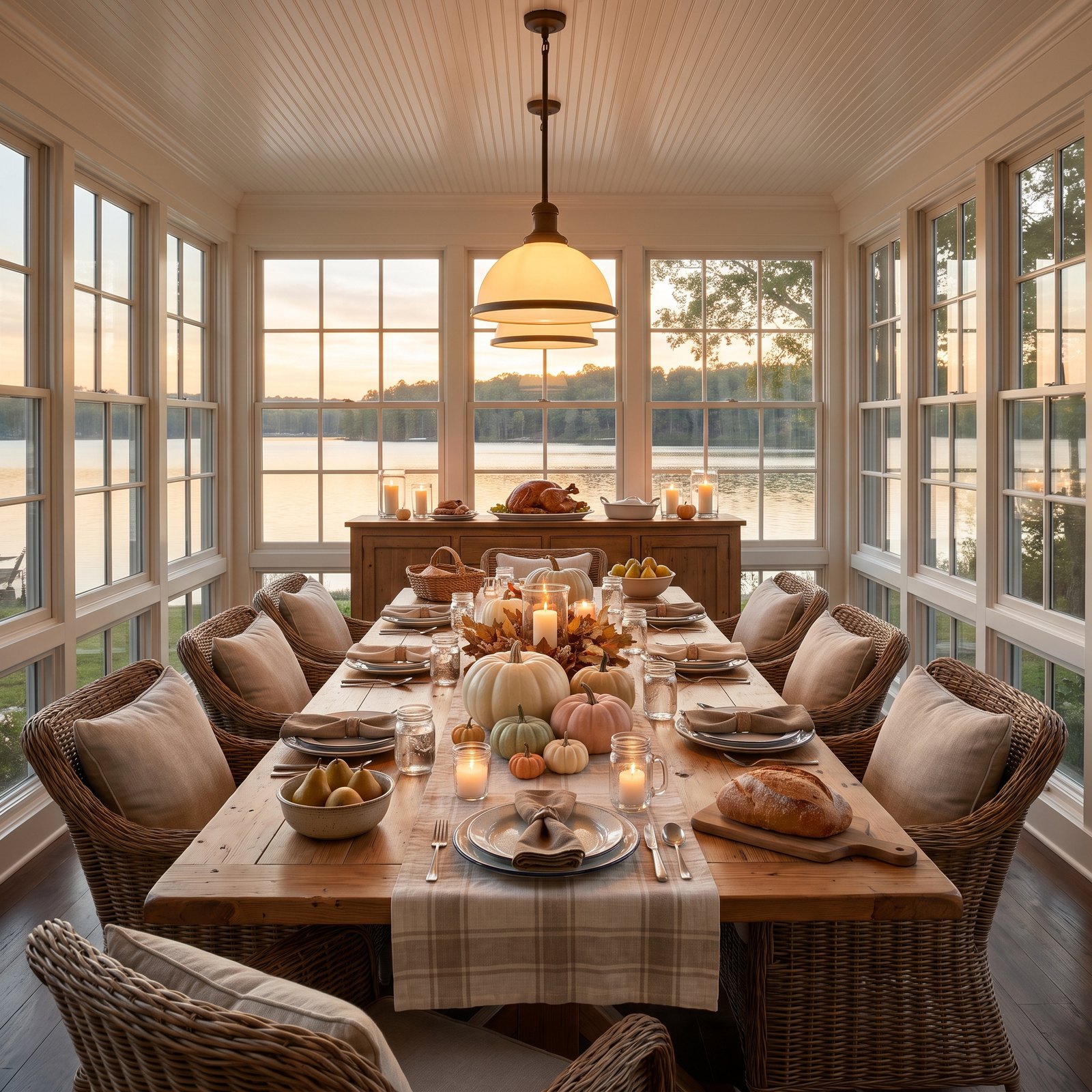 A Lake House Porch-Room Table With Plaid Linen and Pumpkins