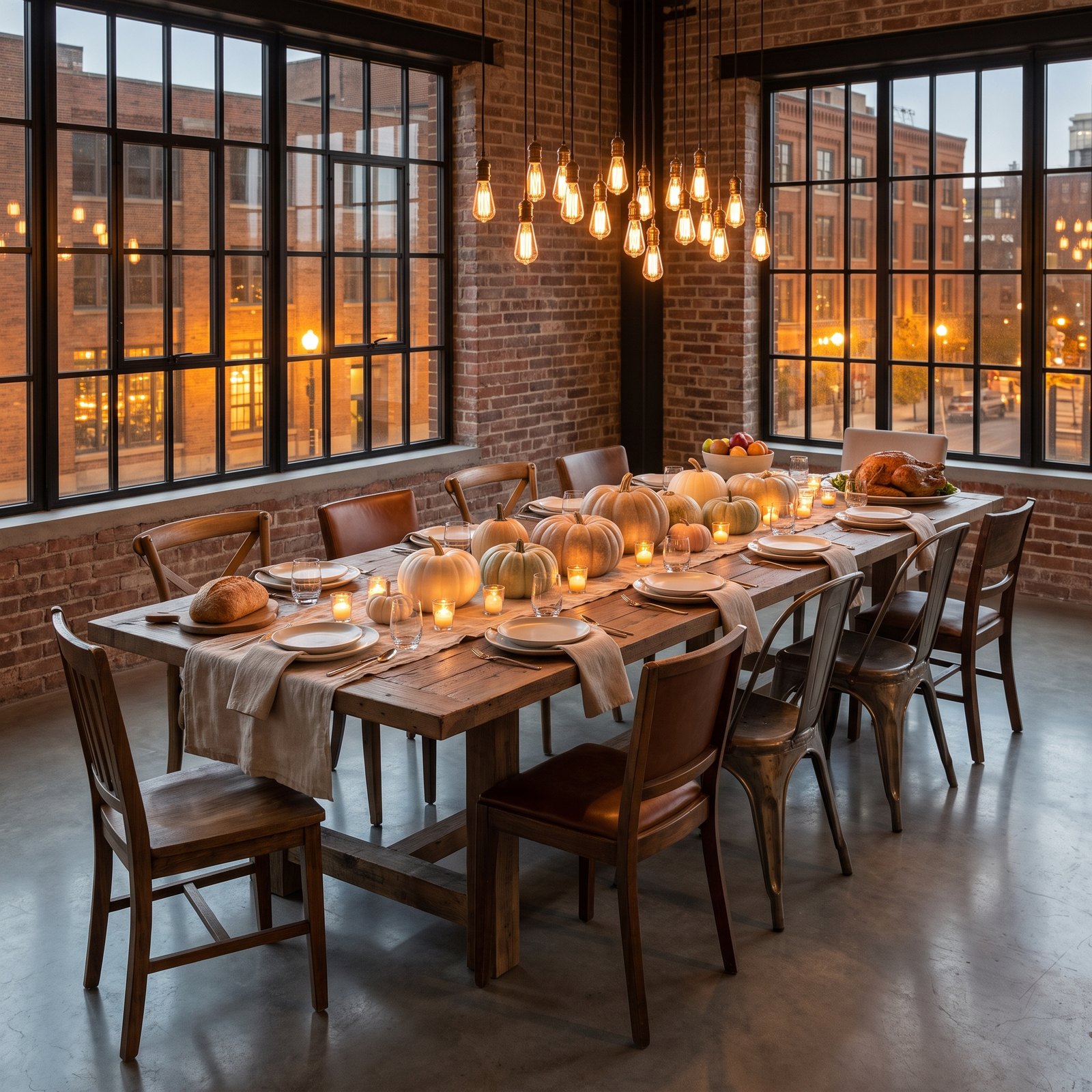 A Loft Table for Friends: Linen, Candles and a Pumpkin Scatter