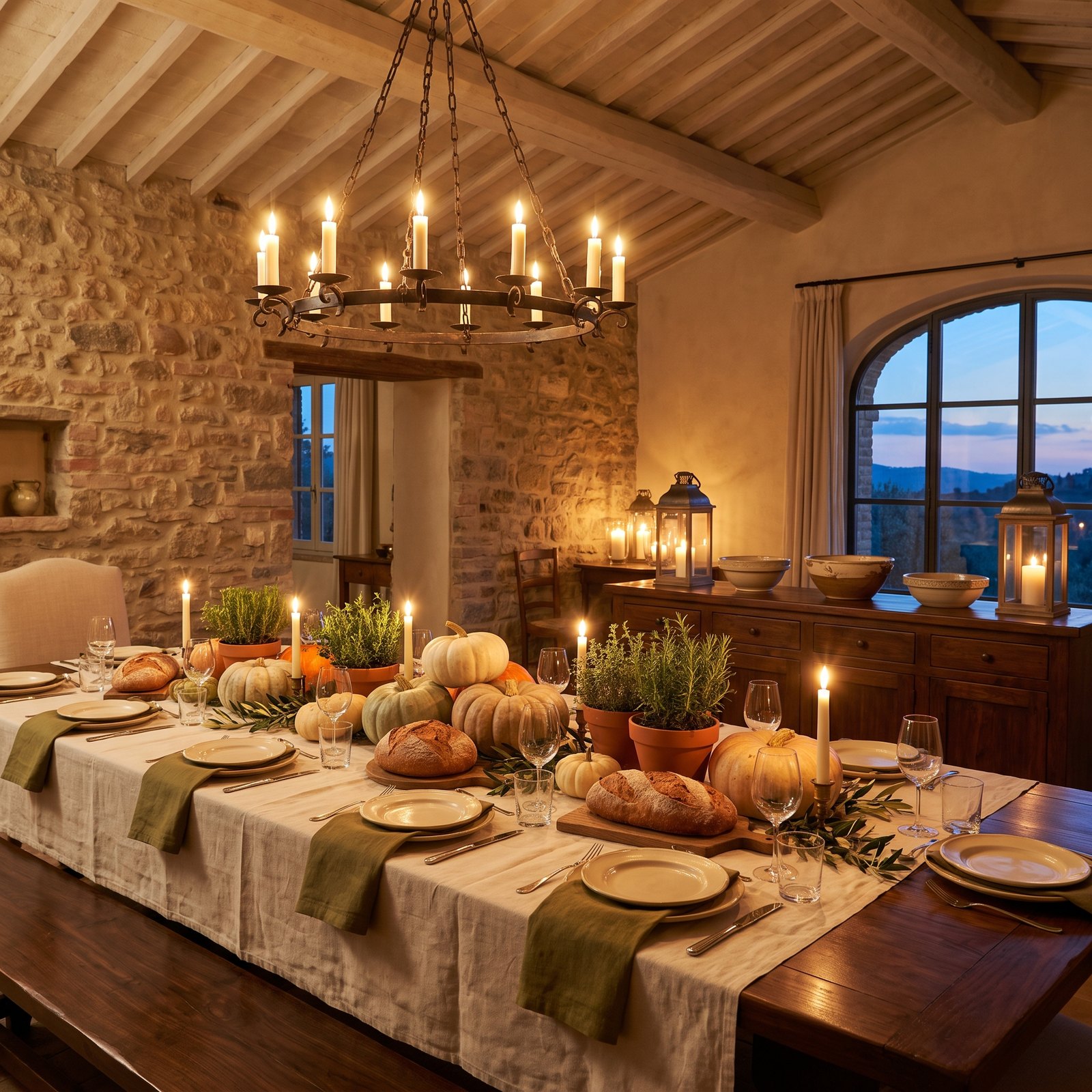 A Long Italian Table in an Old Stone Dining Room