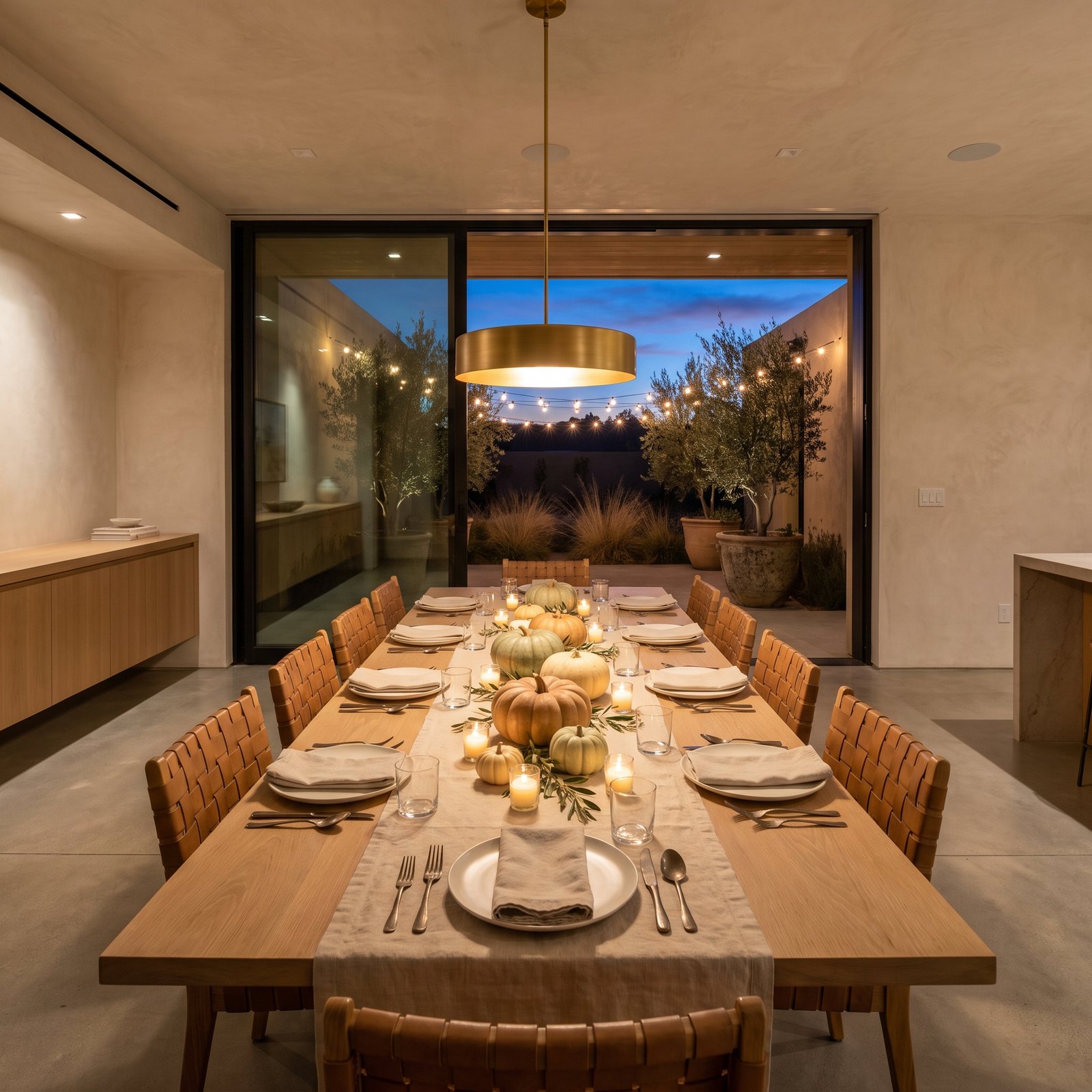 A Long Outdoor-Indoor Table With Linen Napkins and Desert Pumpkins