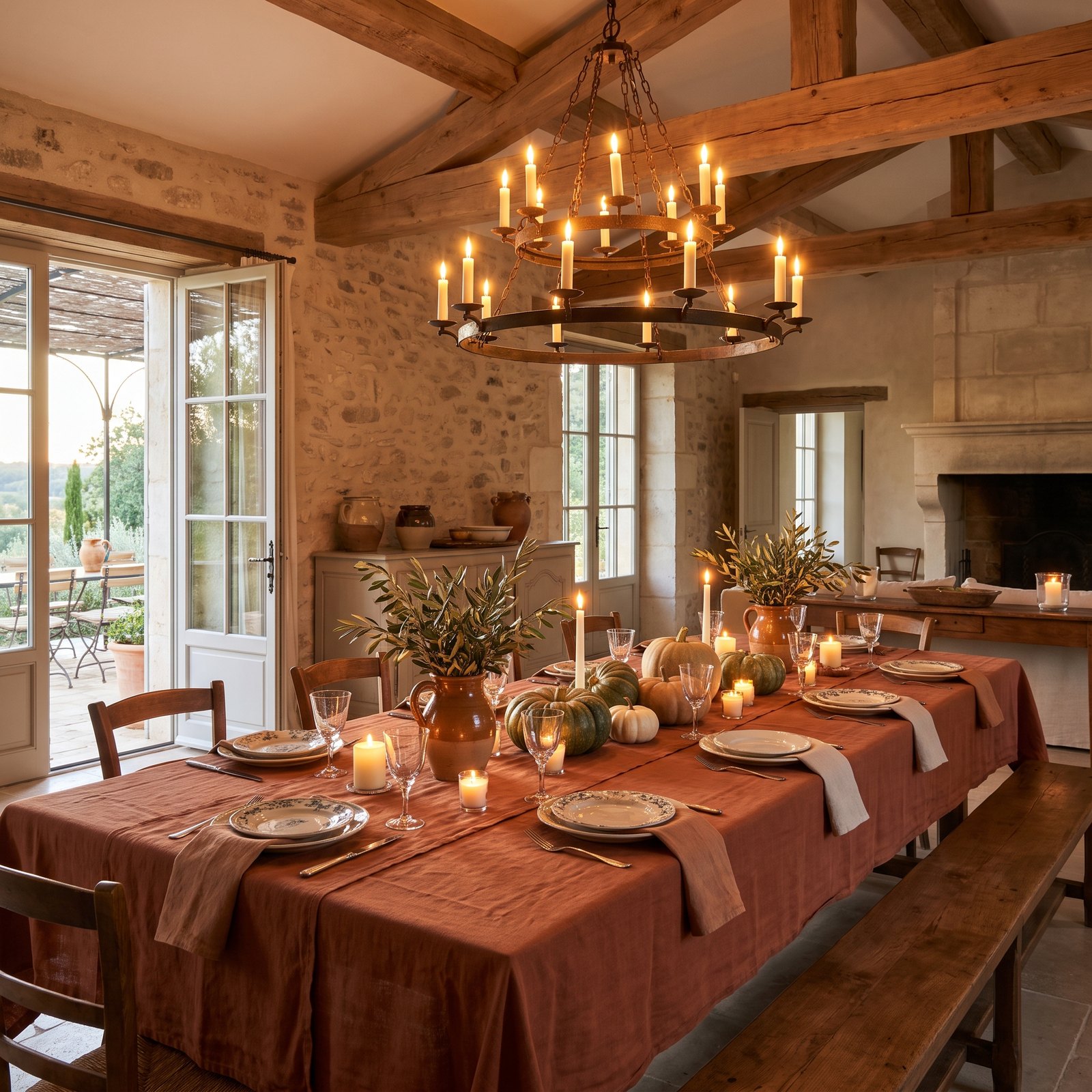 A Provençal Table Draped in Rust Linen With Pumpkins From the Market