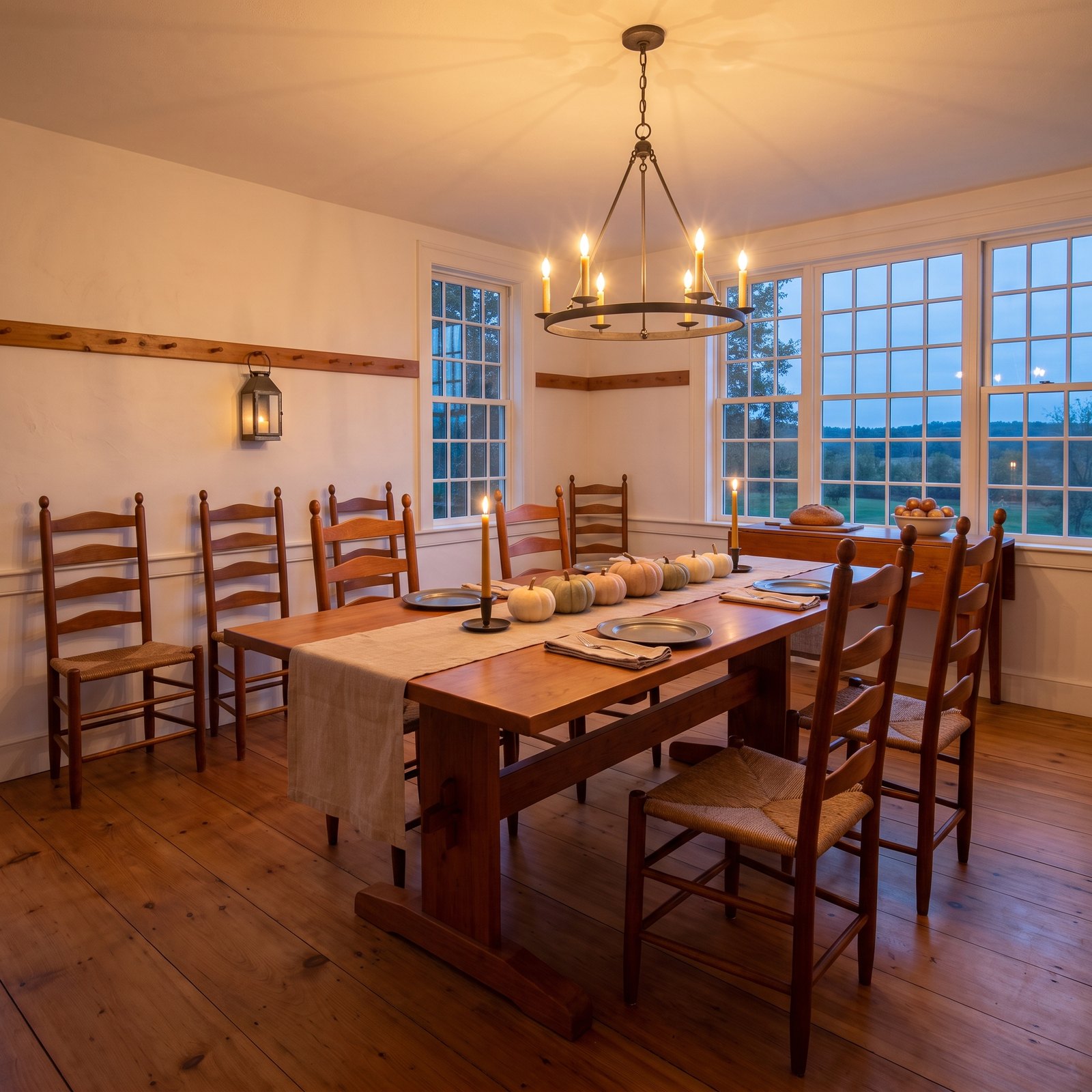 A Shaker Table: Peg Rail, Linen and a Line of Pumpkins