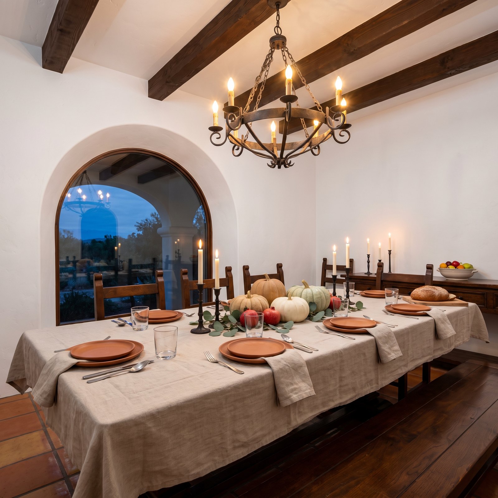 A Spanish Revival Dining Room With Terracotta, Linen and Pumpkins