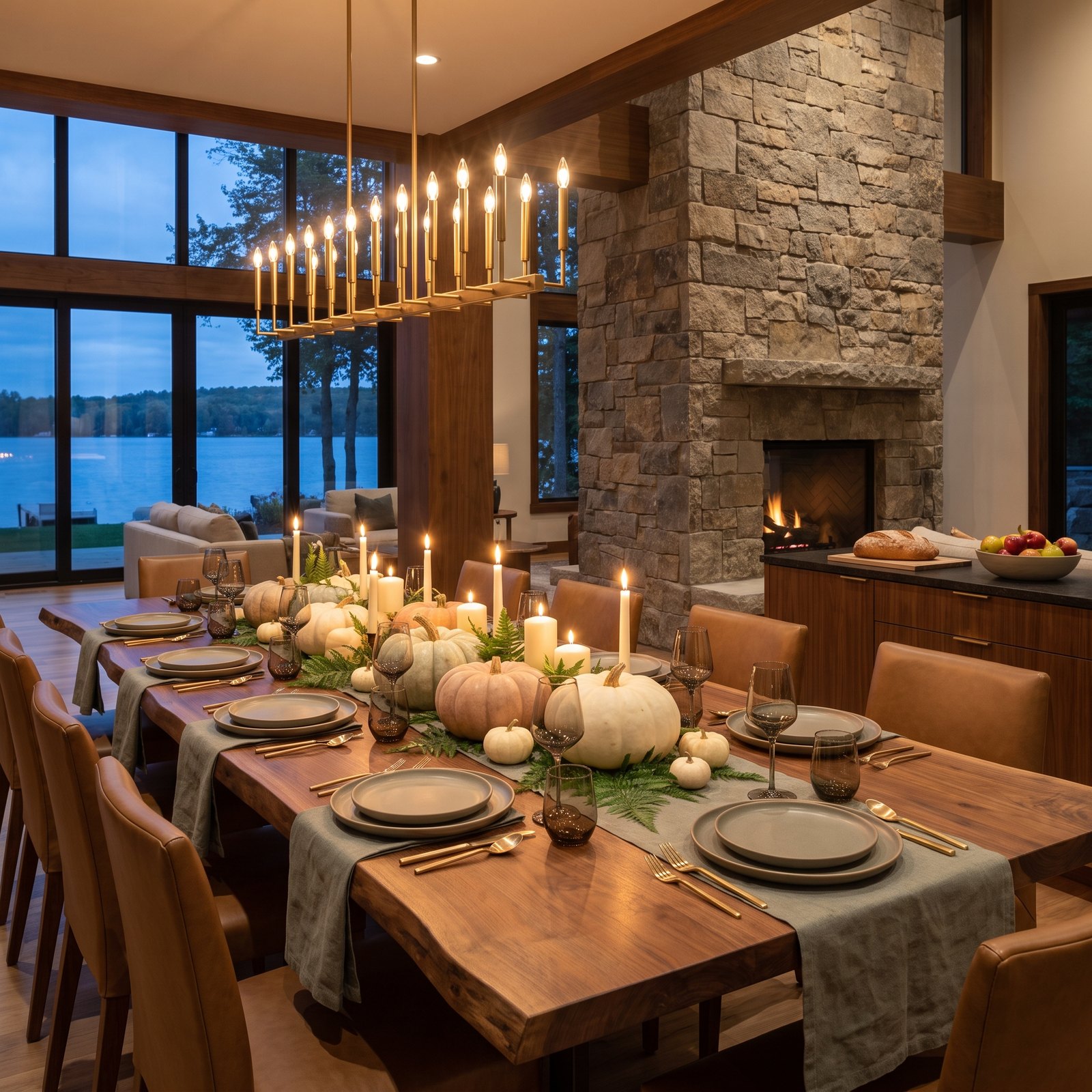 A Statement Table in an Open-Plan Great Room With a Wall of Windows