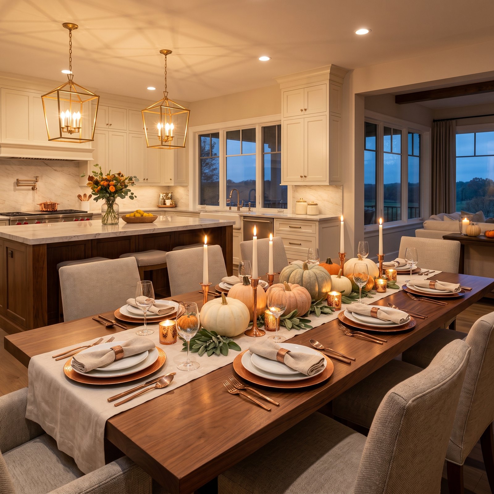 A Transitional Kitchen-Dining Table in Cream Linen and Copper