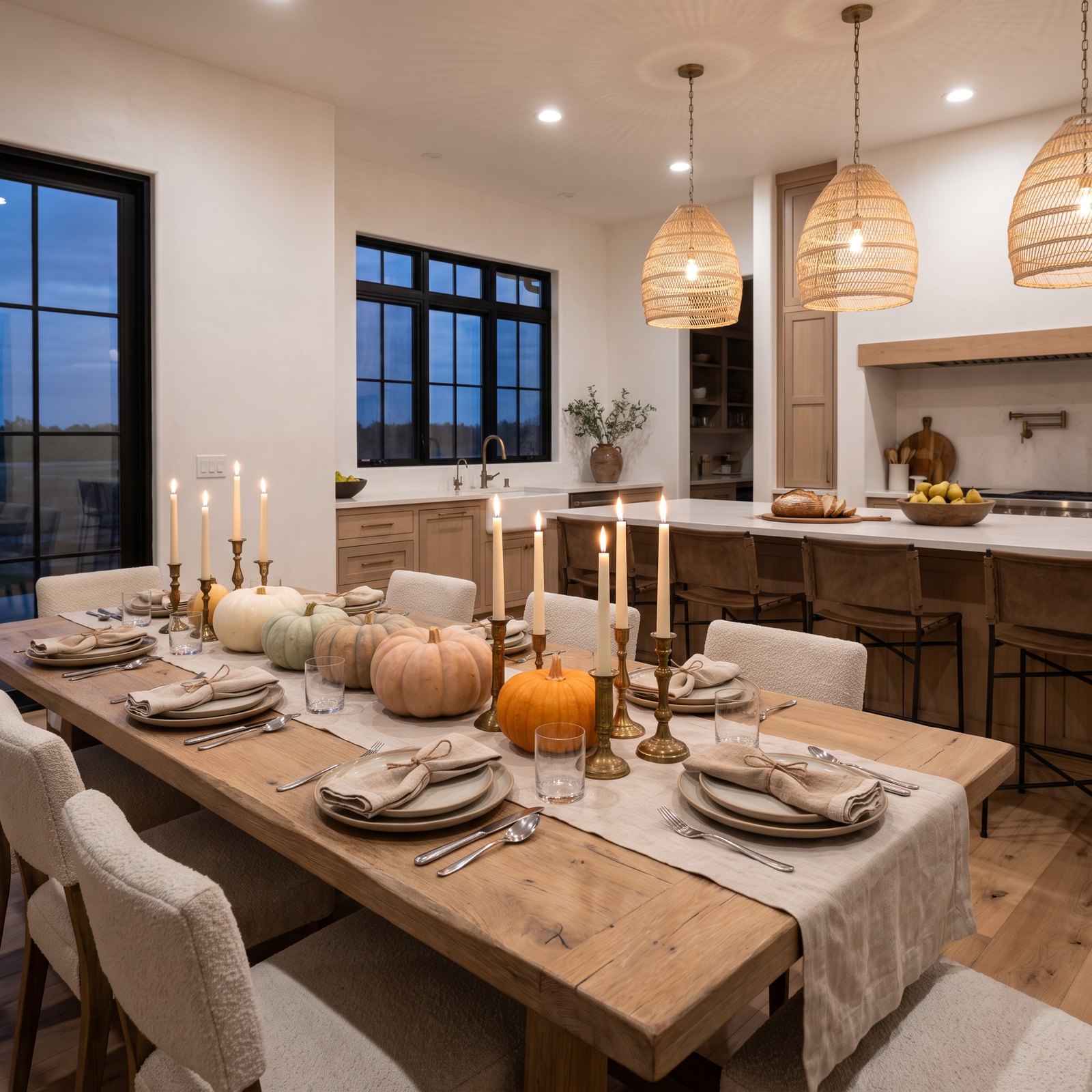 An Open-Plan Farmhouse Table With Mini Pumpkins Down the Middle