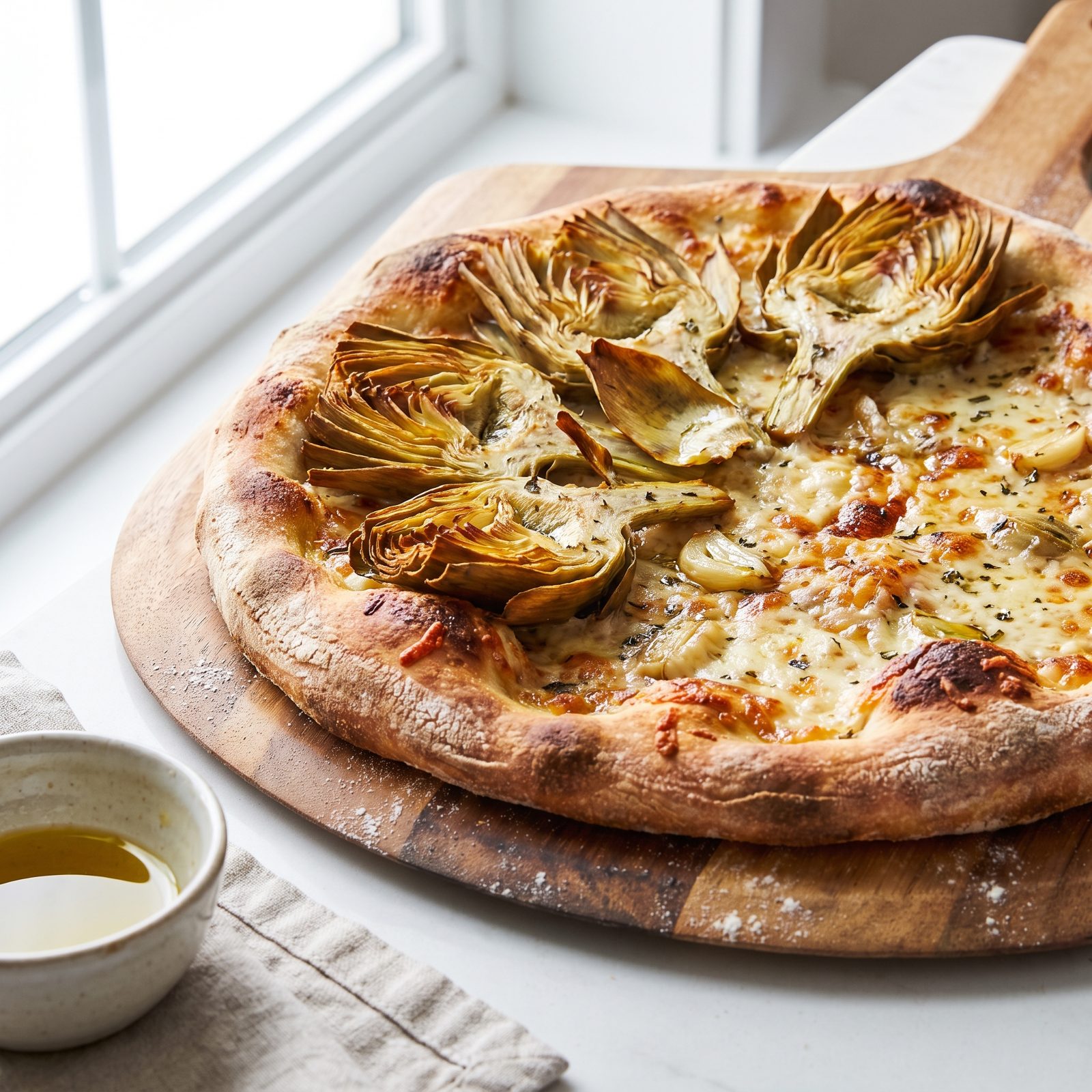 Artichoke Pizza With Crisped Outer Leaves