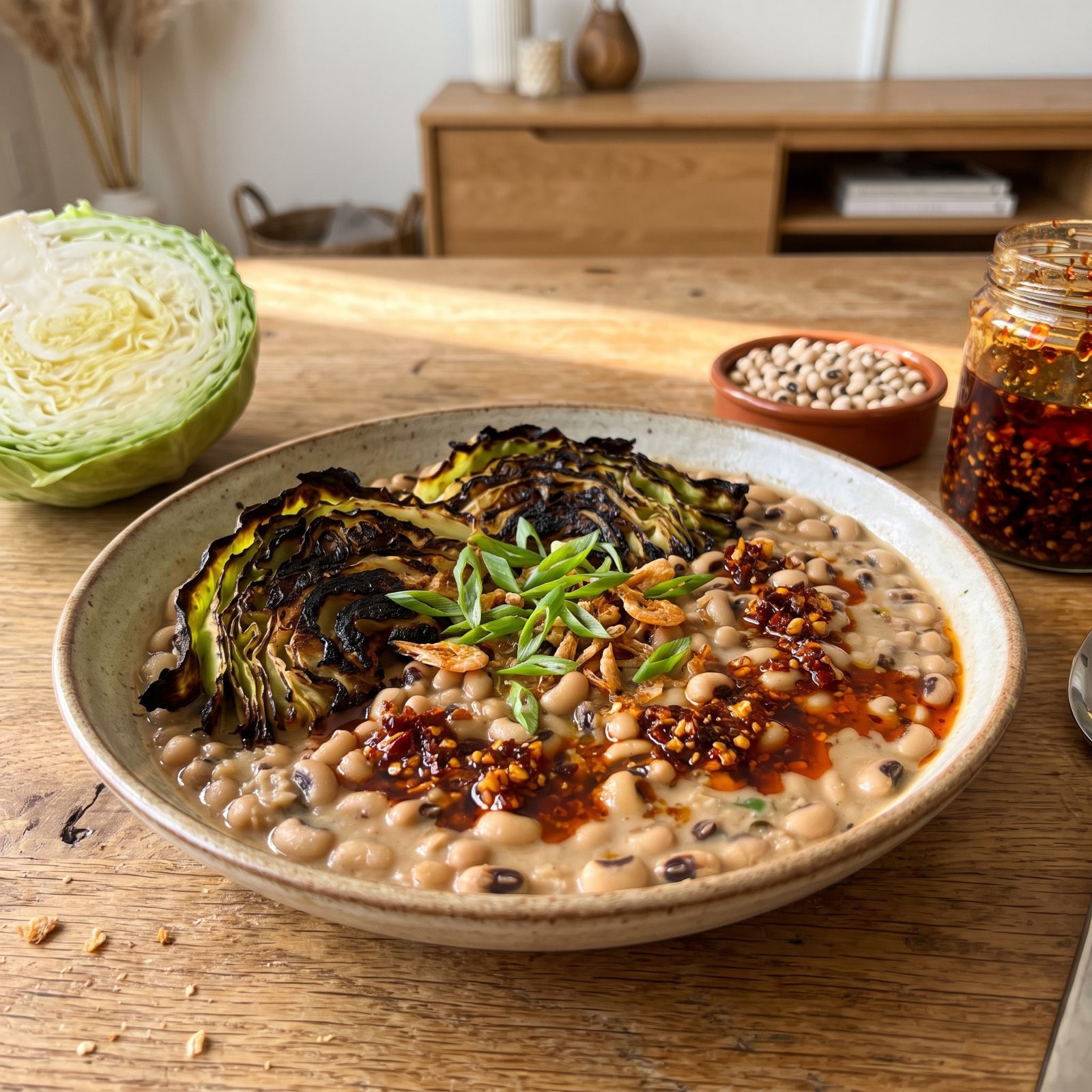 Black-Eyed Peas and Charred Cabbage With Chili Crisp