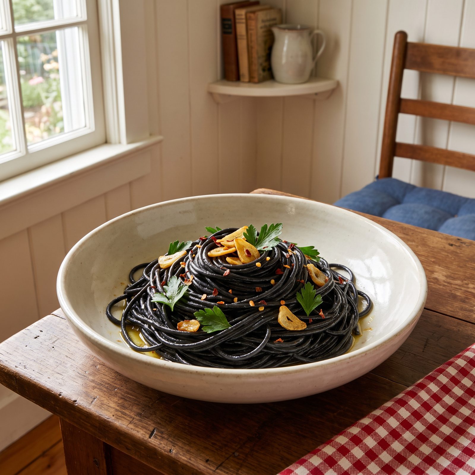 Black Squid-Ink Spaghetti With Garlic and Chile