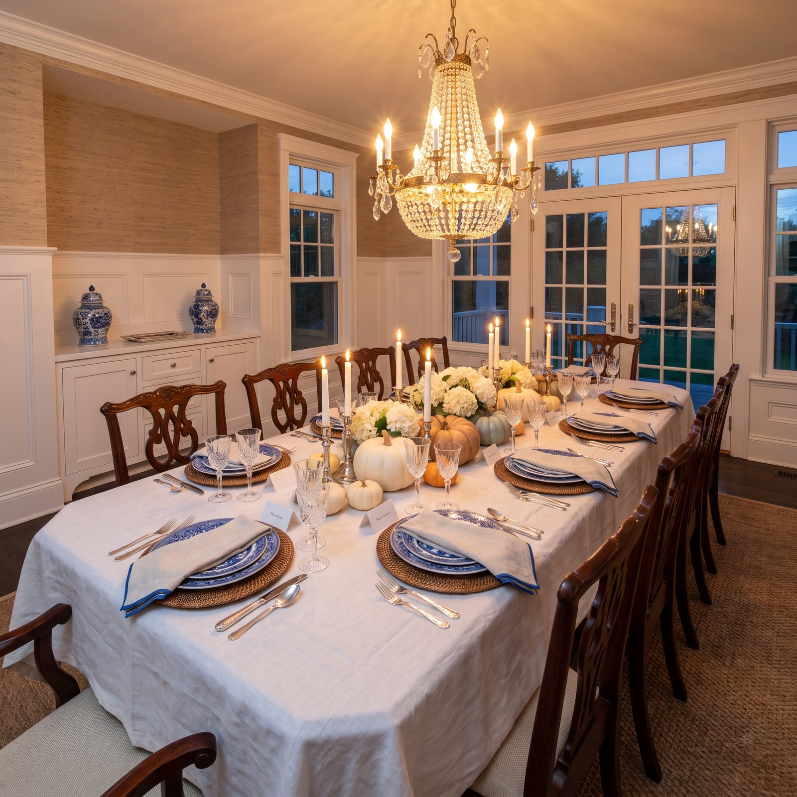 Blue-and-White China, Linen and White Pumpkins in a Hamptons Dining Room
