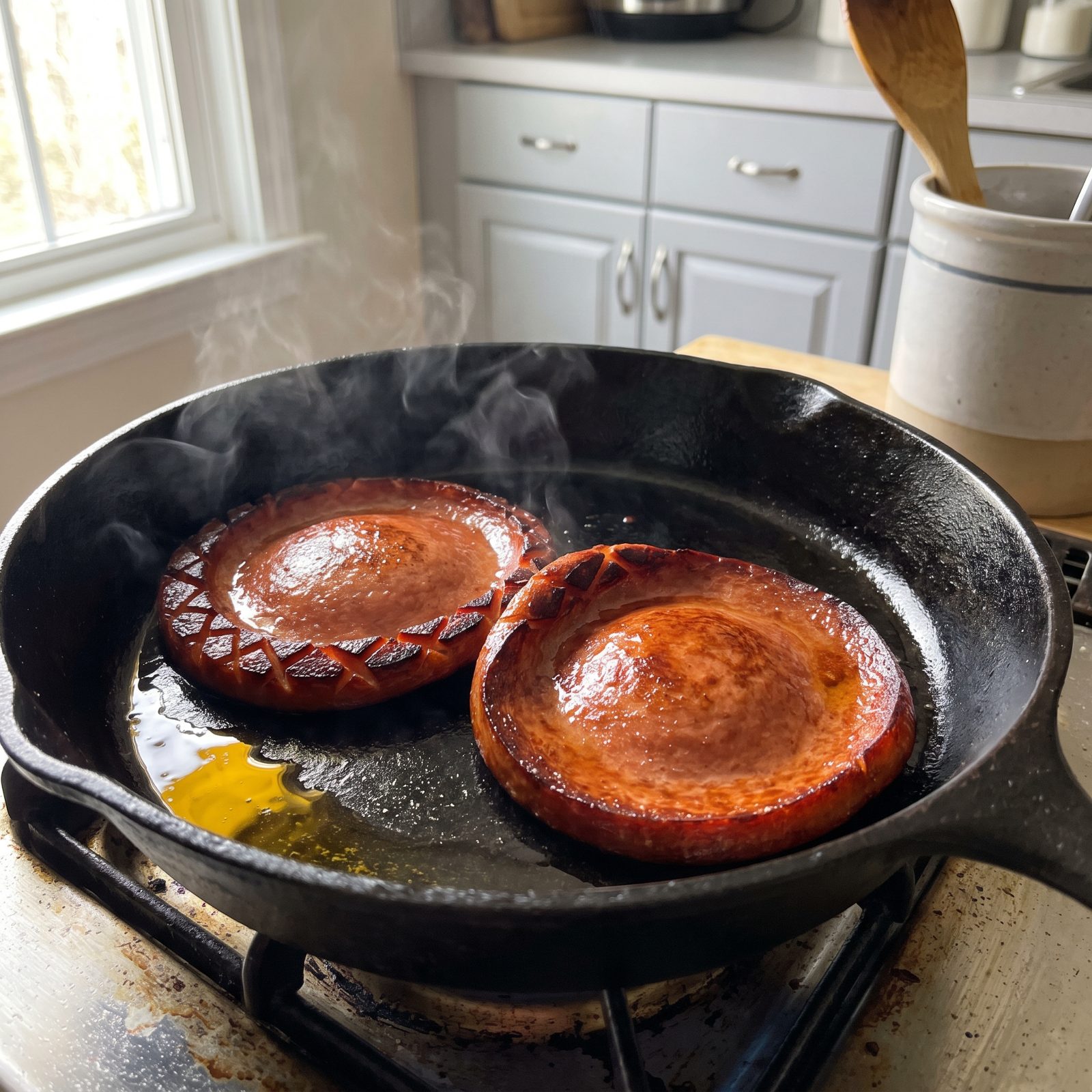 Bologna Fried in a Skillet Until the Edges Curl