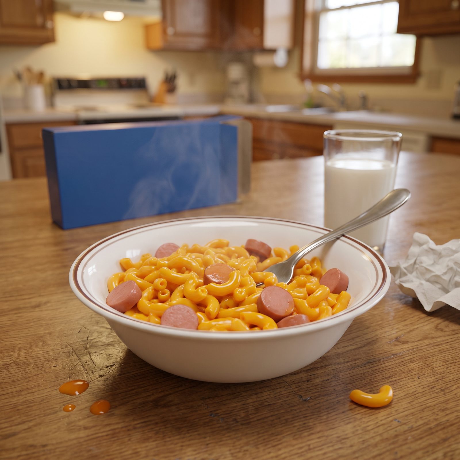 Boxed Macaroni and Cheese With Sliced Hot Dogs
