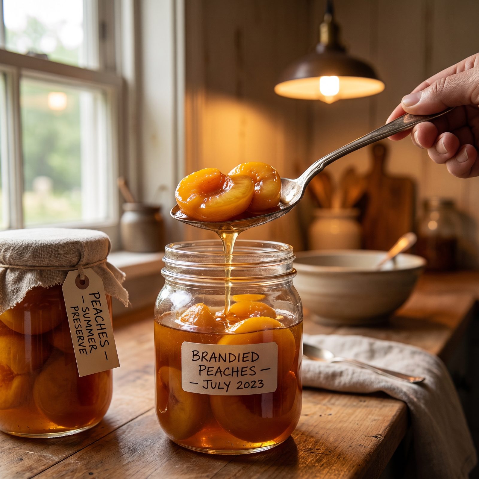 Brandied Peaches Decanted From a Jar Put Up in July