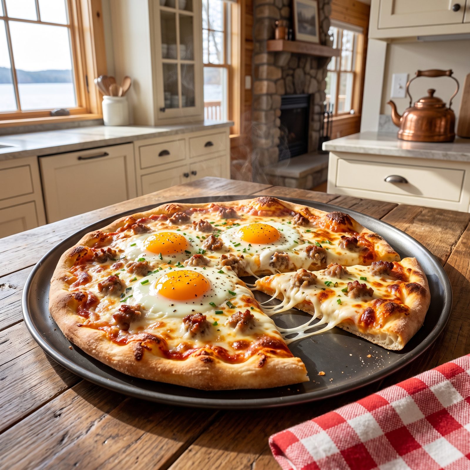Breakfast Pizza With Sausage and Runny Yolks