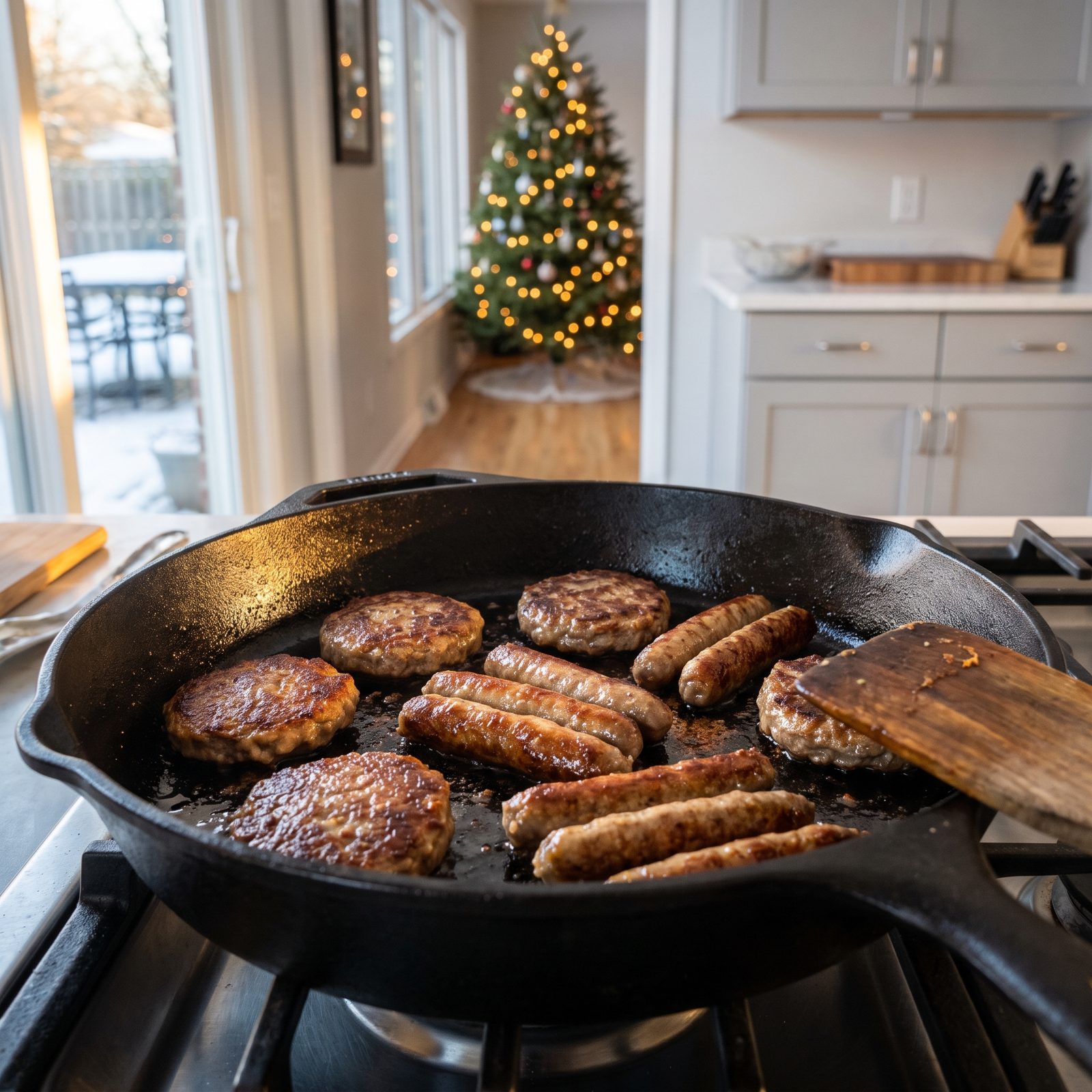 Breakfast Sausage Browning on Christmas Morning