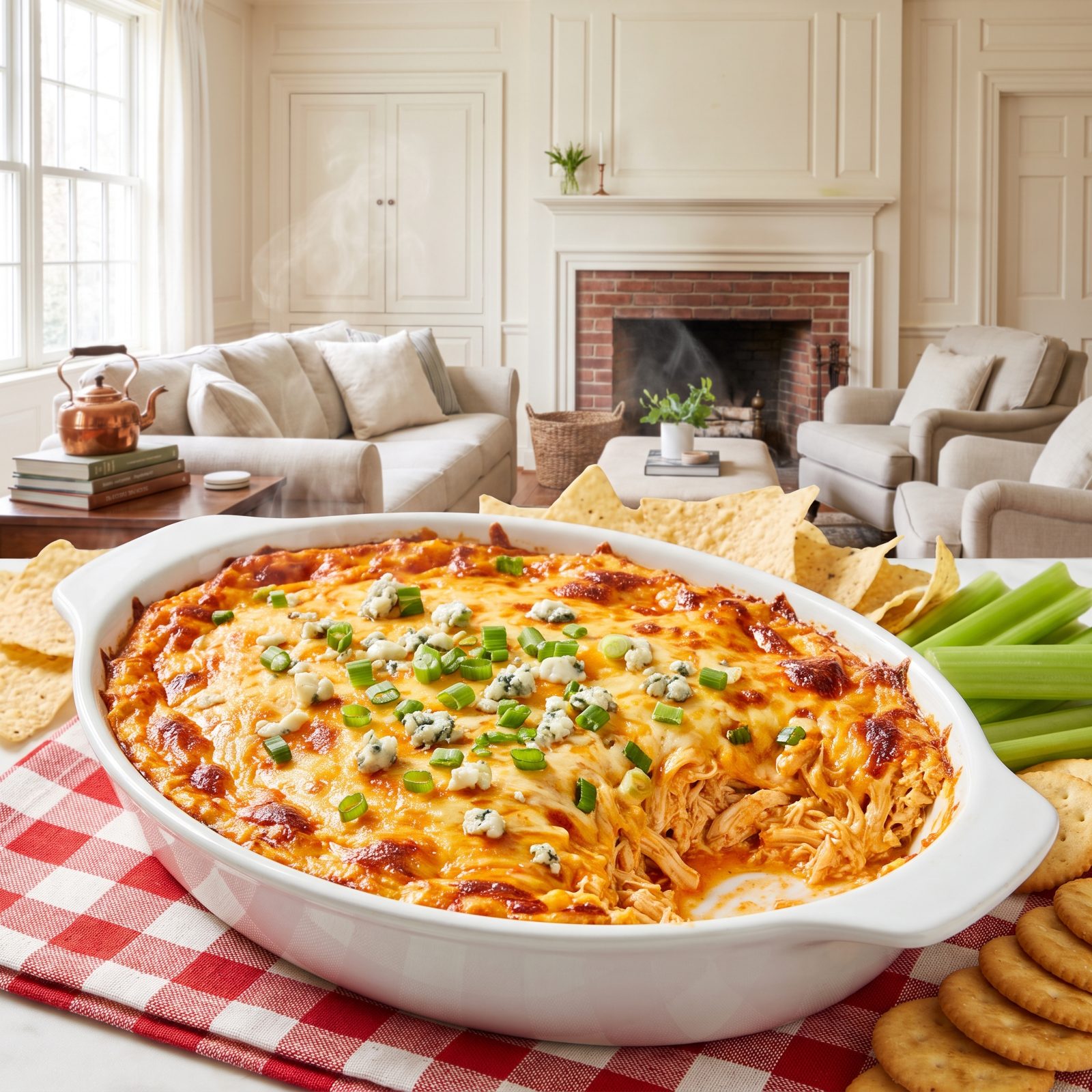 Buffalo Chicken Dip With a Golden Cheese Top
