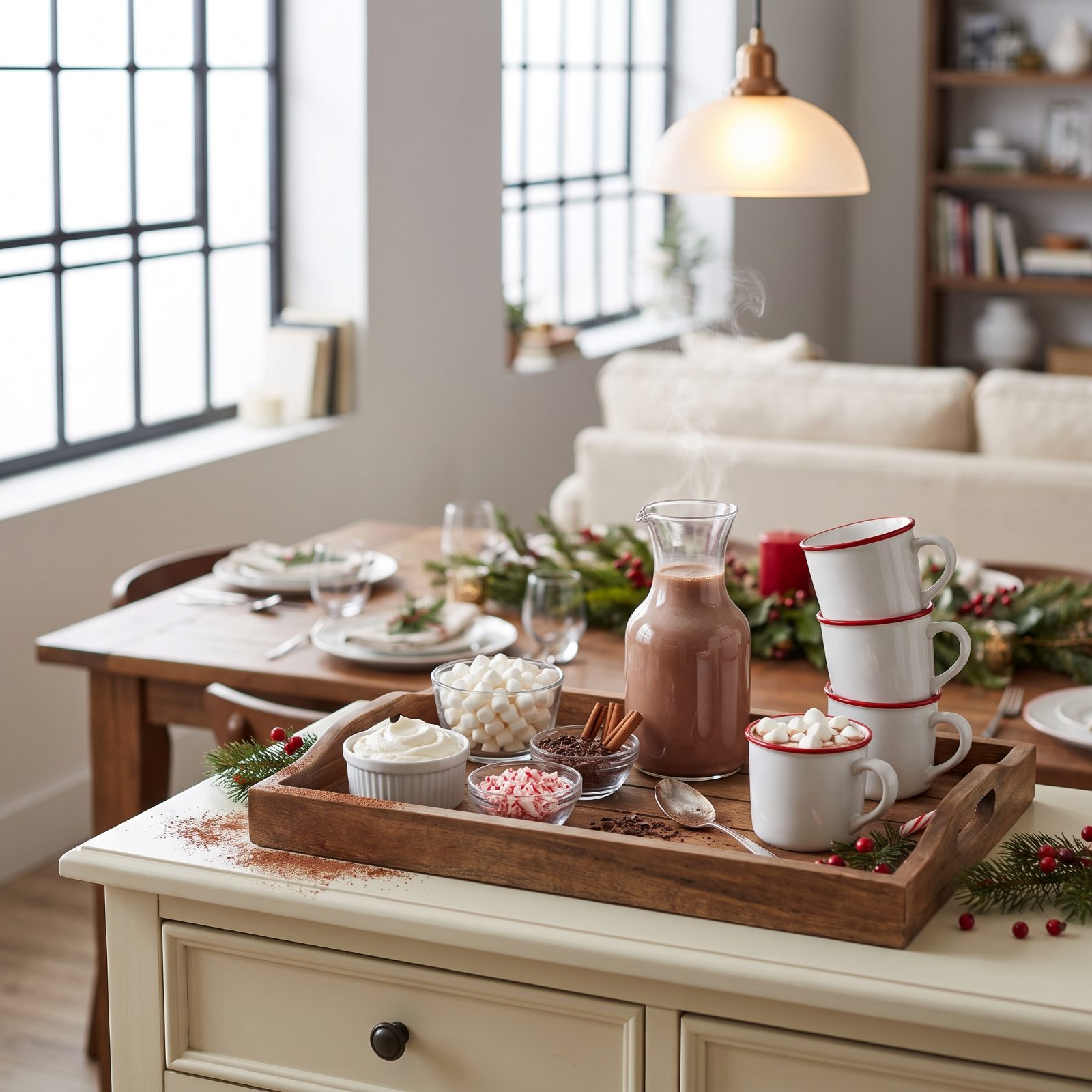A Build-Your-Own Hot Cocoa Tray Near the Table