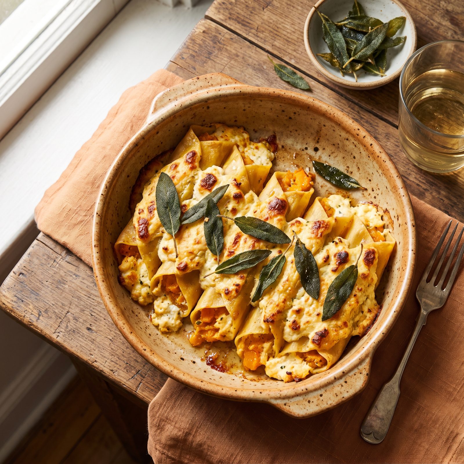 A Butternut Squash Becomes Sage and Ricotta Manicotti
