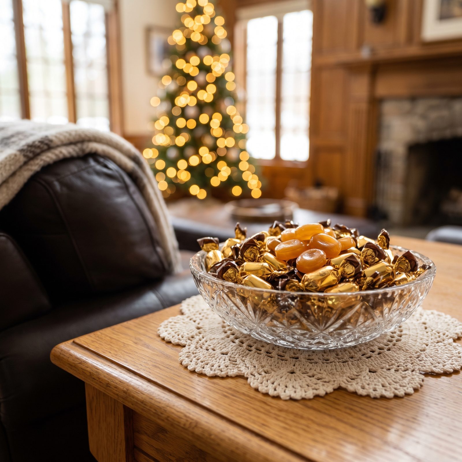 Butterscotch Hard Candies From a Glass Dish
