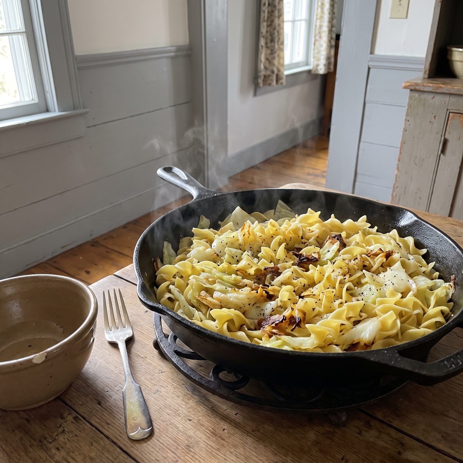 Cabbage and Noodles Fried in Butter