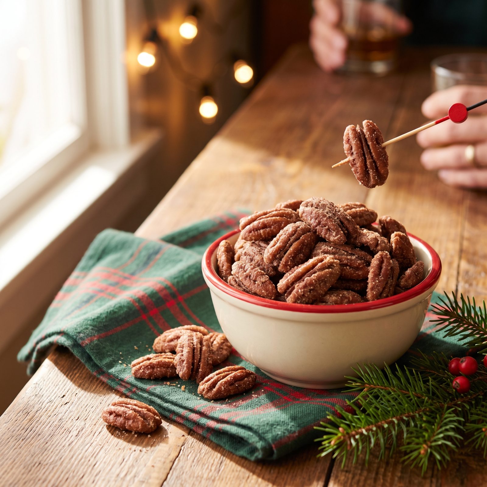 Candied Pecans in a Red-Rimmed Bowl