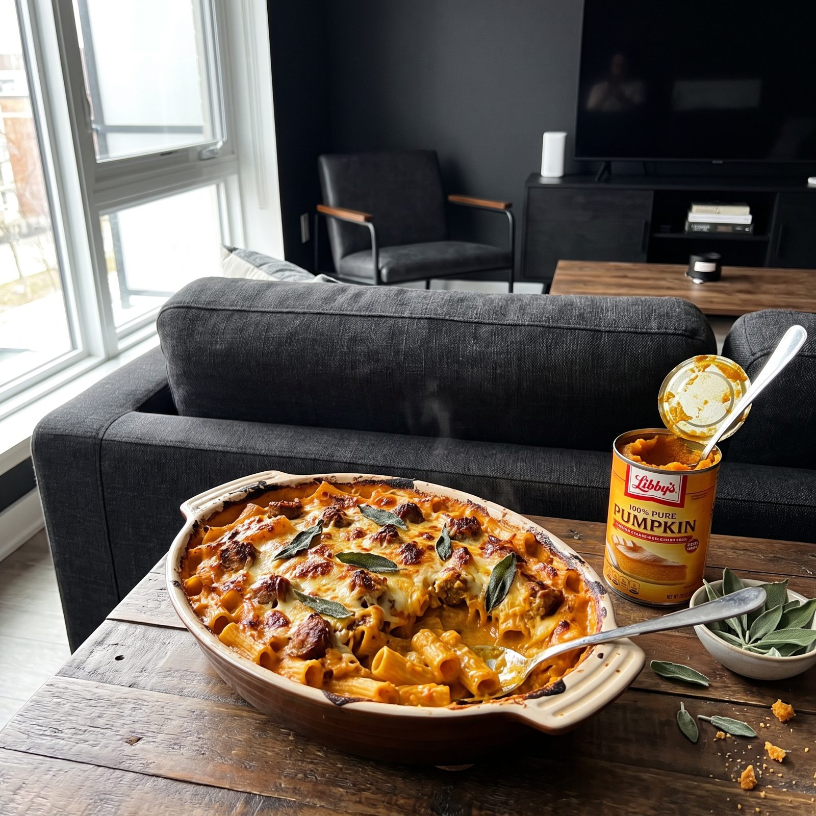 Canned Pumpkin and Sausage in Baked Rigatoni
