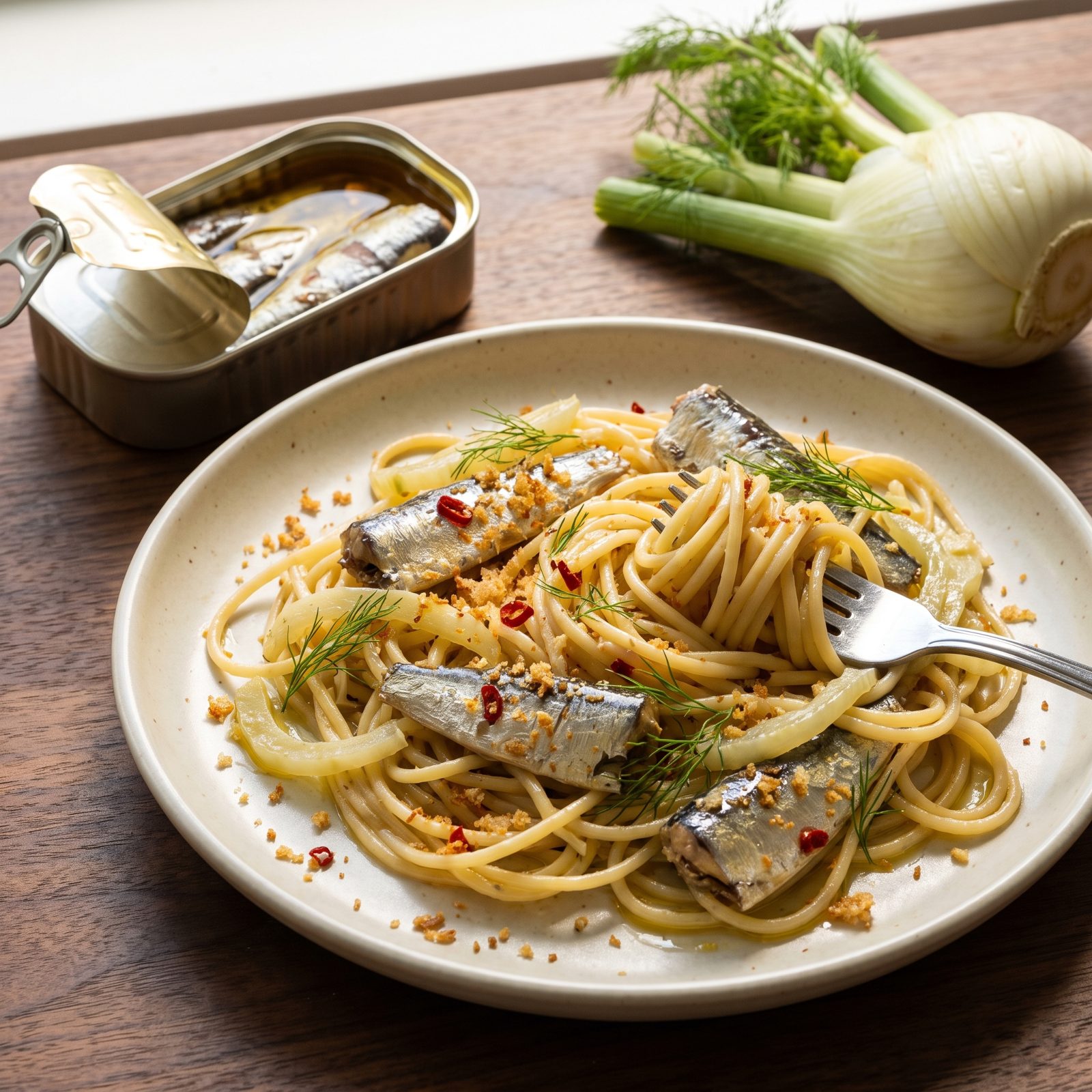 Canned Sardines and Fennel Over Spaghetti