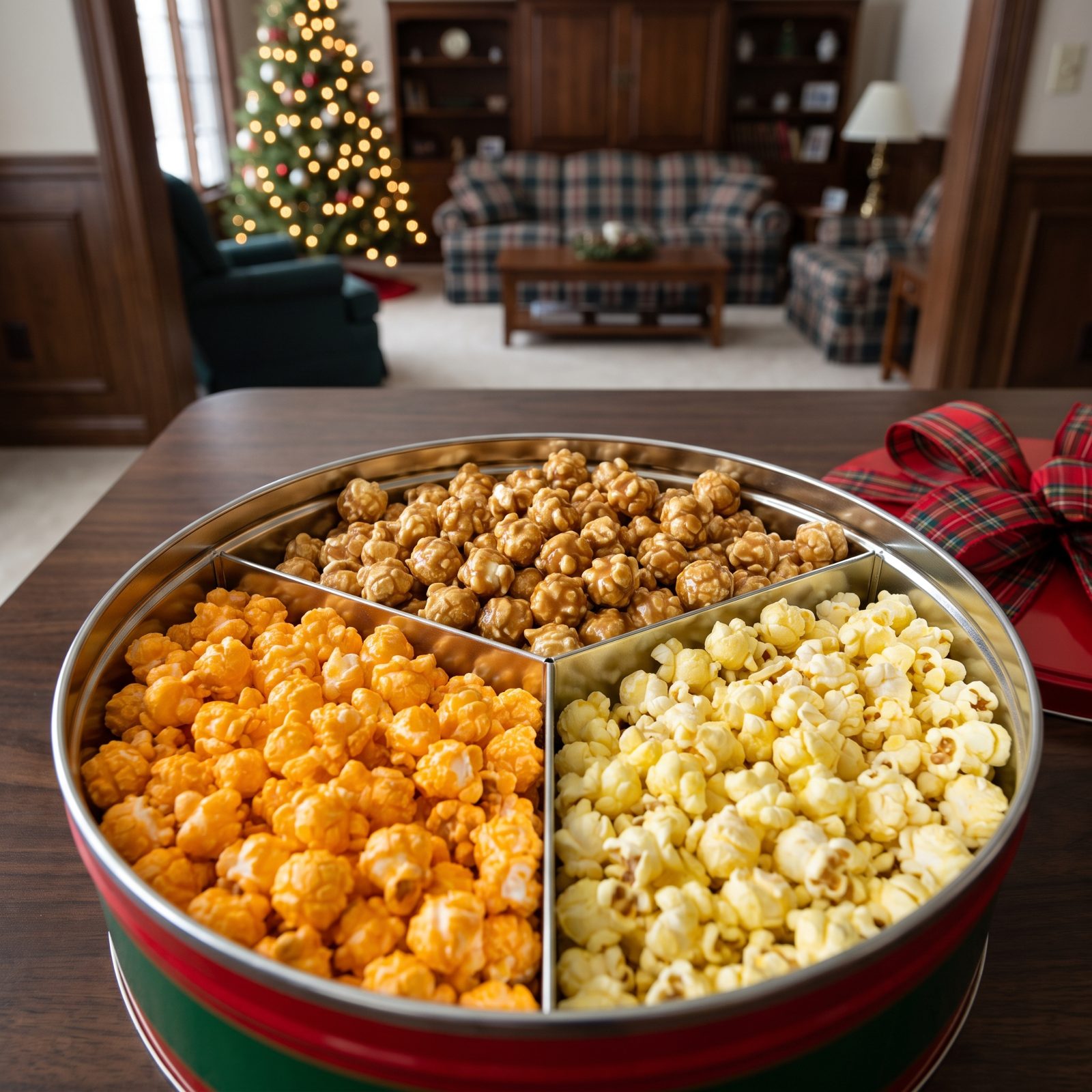 Caramel Popcorn From a Divided Holiday Tin