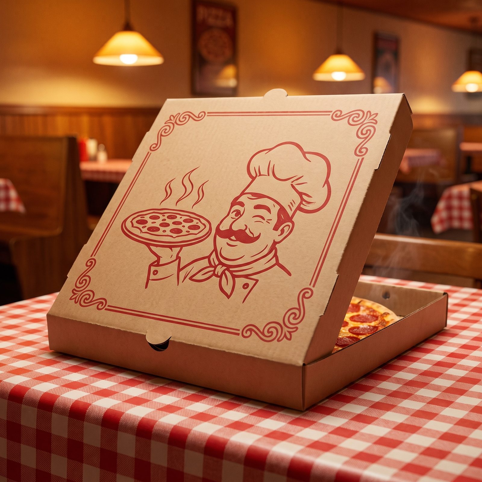 A Cardboard Pizza Box with a Generic Italian Chef