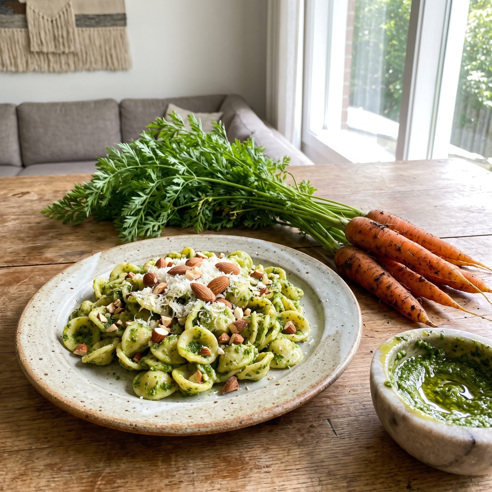 Carrot Tops and Almonds Turned Into Pesto Pasta